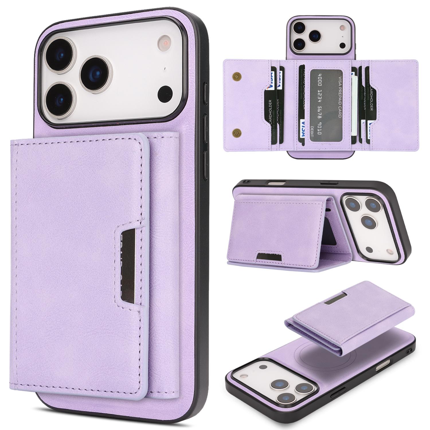 For iPhone 18 Pro Max Kalebol Strong Magnetic MagSafe Tri-Fold Wallet Leather Phone Case(Purple) - Shopkiz.com