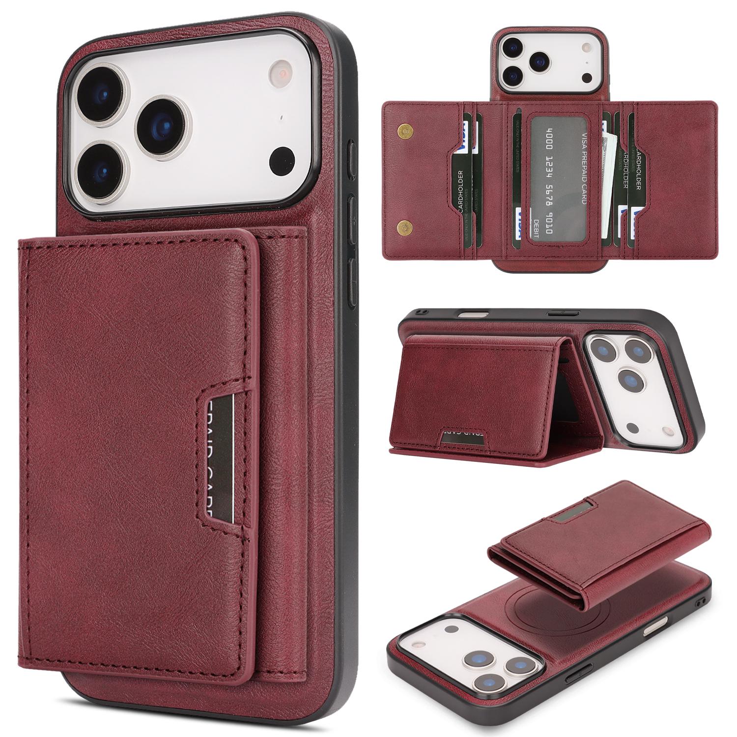 For iPhone 18 Pro Kalebol Strong Magnetic MagSafe Tri-Fold Wallet Leather Phone Case(Red) - Shopkiz.com