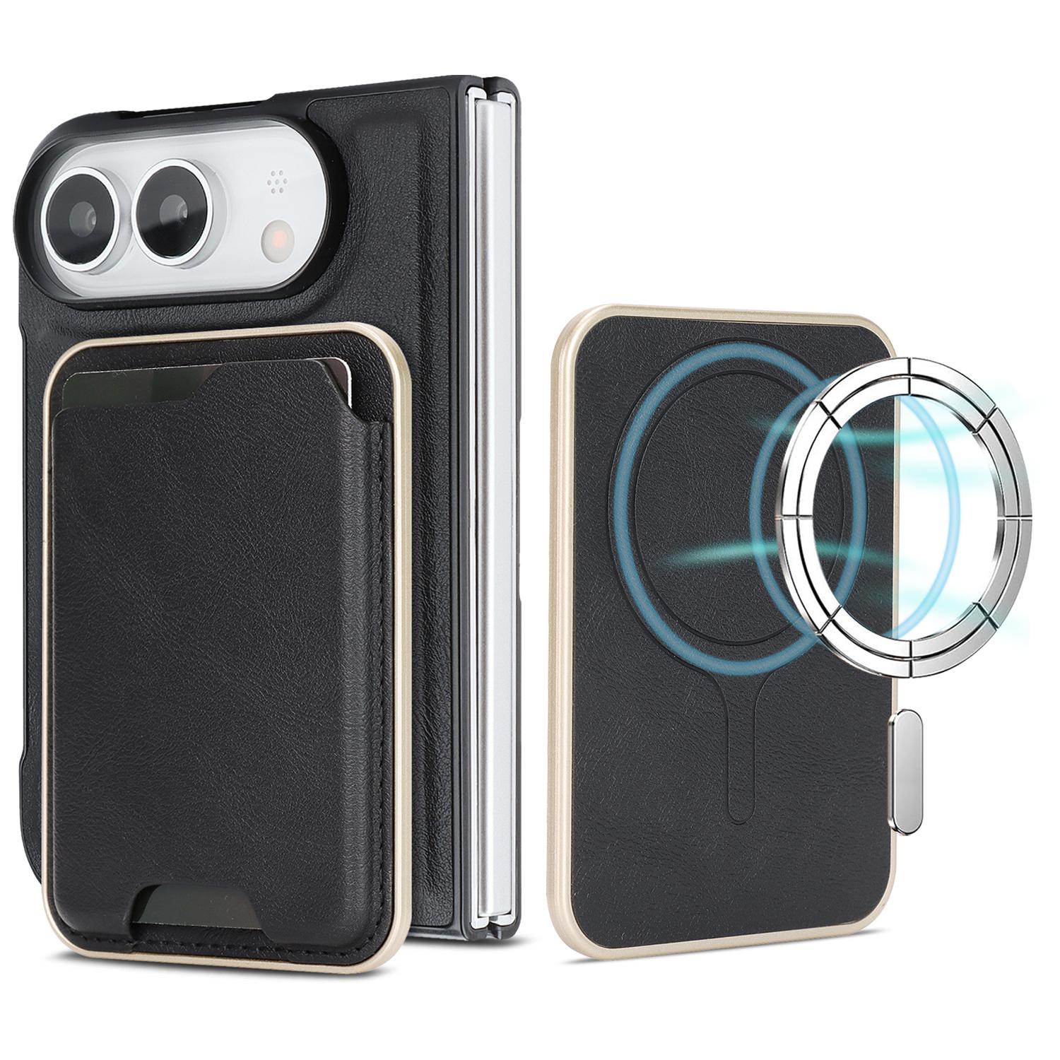 For iPhone Fold Kalebol Slim MagSafe Ring Magnetic Card Bag Leather Phone Case(Black)