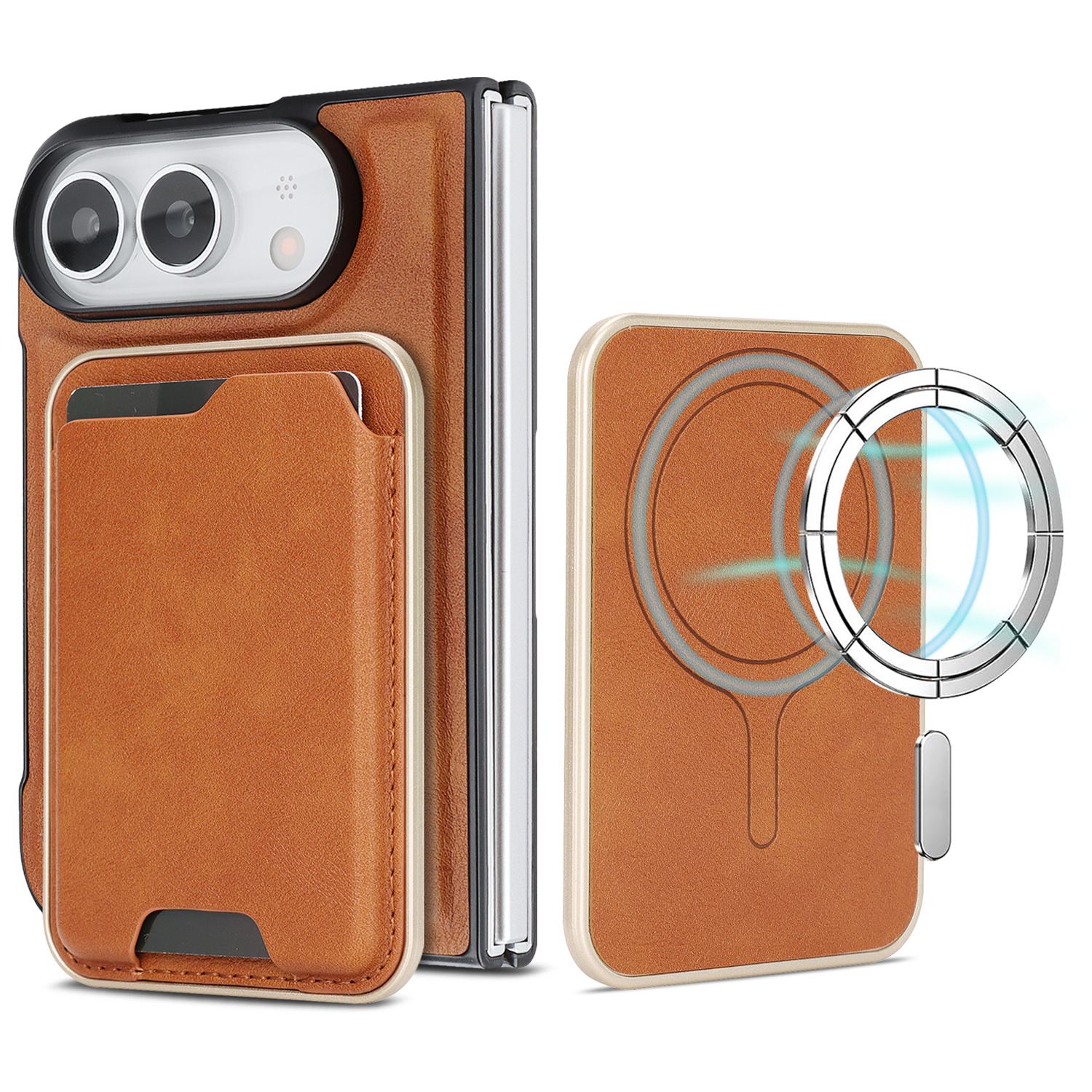 For iPhone Fold Kalebol Slim MagSafe Ring Magnetic Card Bag Leather Phone Case(Brown) - Shopkiz.com