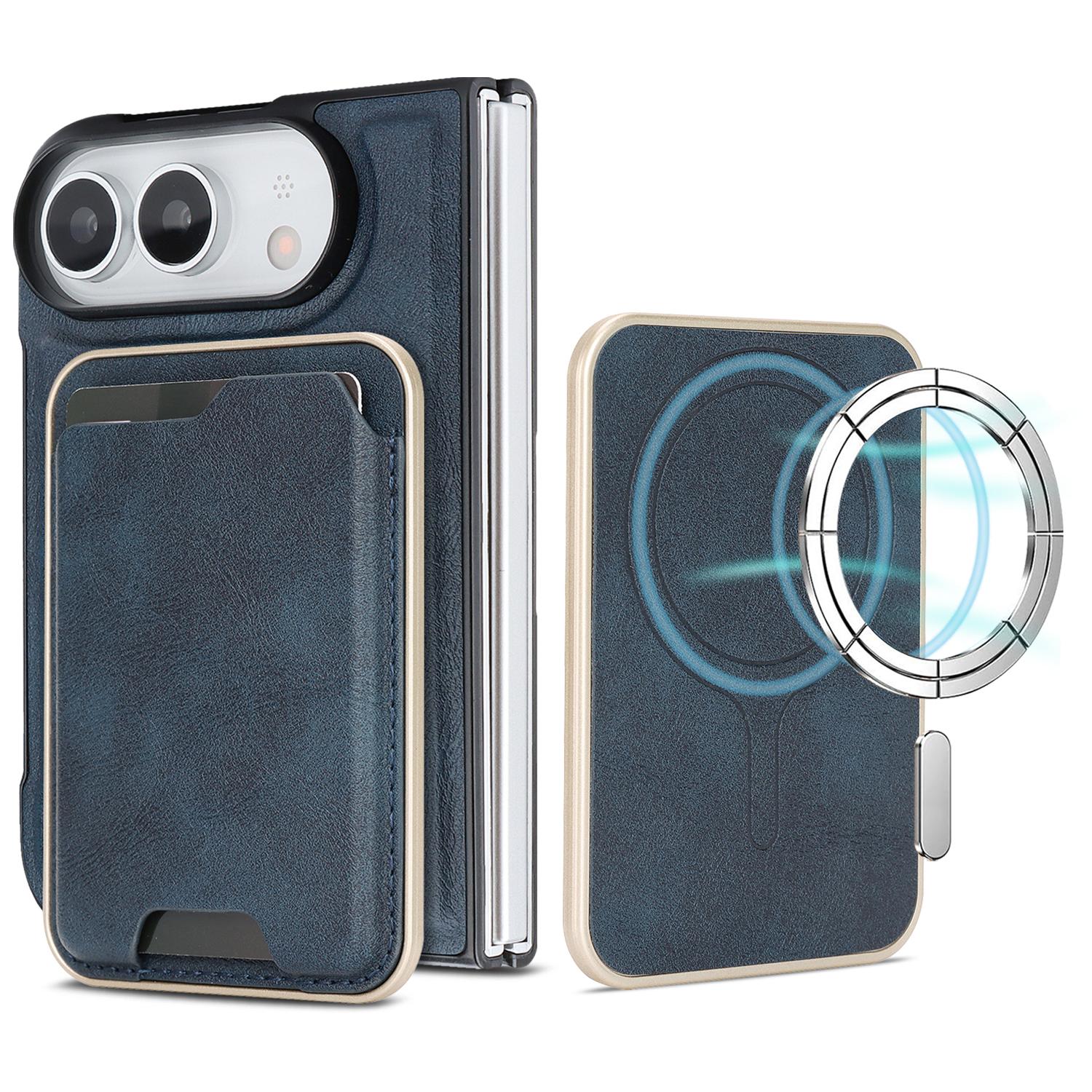 For iPhone Fold Kalebol Slim MagSafe Ring Magnetic Card Bag Leather Phone Case(Blue) - Shopkiz.com