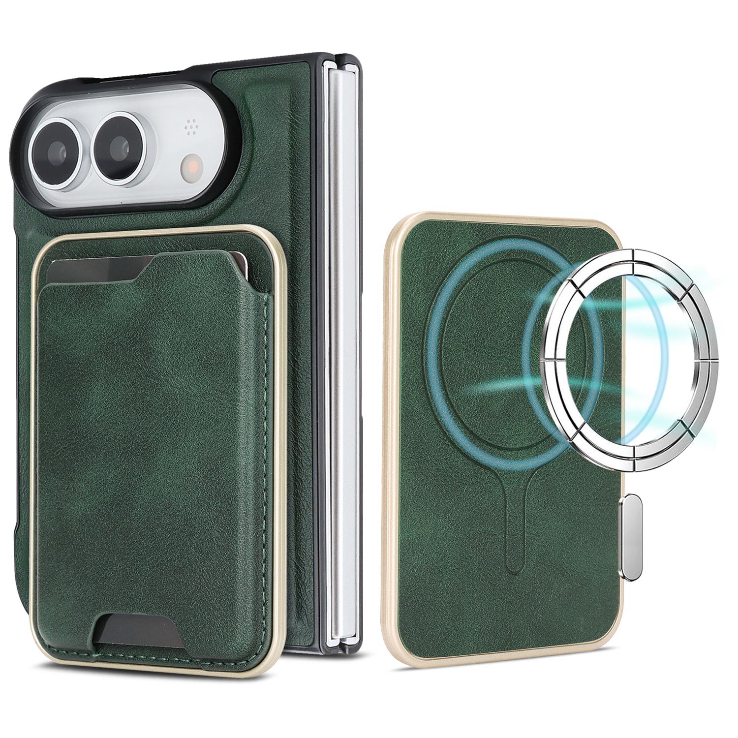 For iPhone Fold Kalebol Slim MagSafe Ring Magnetic Card Bag Leather Phone Case(Green) - Shopkiz.com