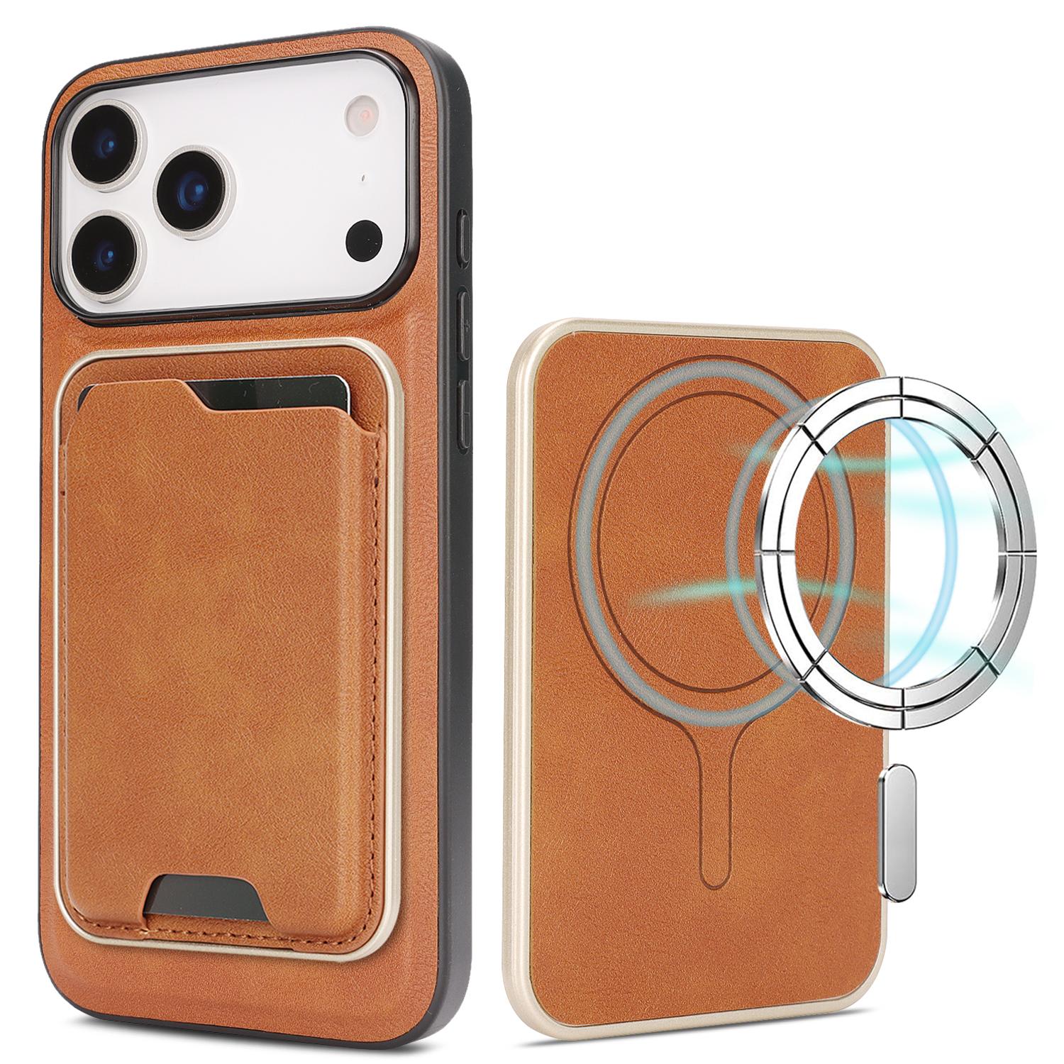 For iPhone 18 Pro Kalebol Slim MagSafe Ring Magnetic Card Bag Leather Phone Case(Brown) - Shopkiz.com