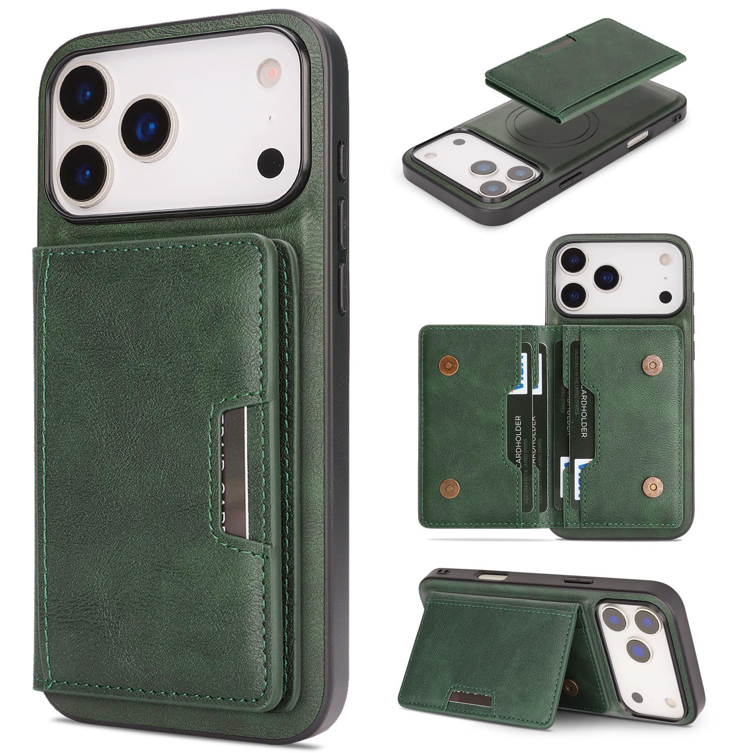 For iPhone 18 Pro Max Kalebol Strong MagSafe Magnetic Two-Fold Card Bag Leather Phone Case(Green) - Shopkiz.com
