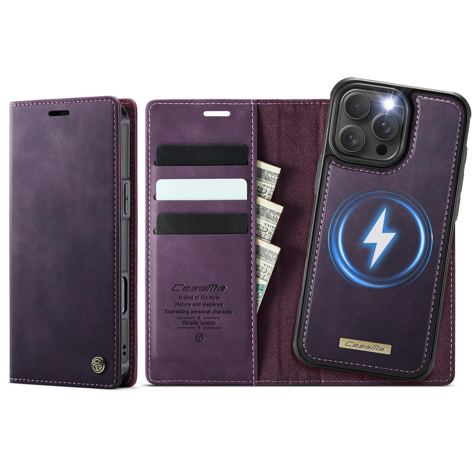 For iPhone 16 Pro CaseMe C49 MagSafe RFID Blocking Detachable Wallet Leather Phone Case(Purple) - Shopkiz.com