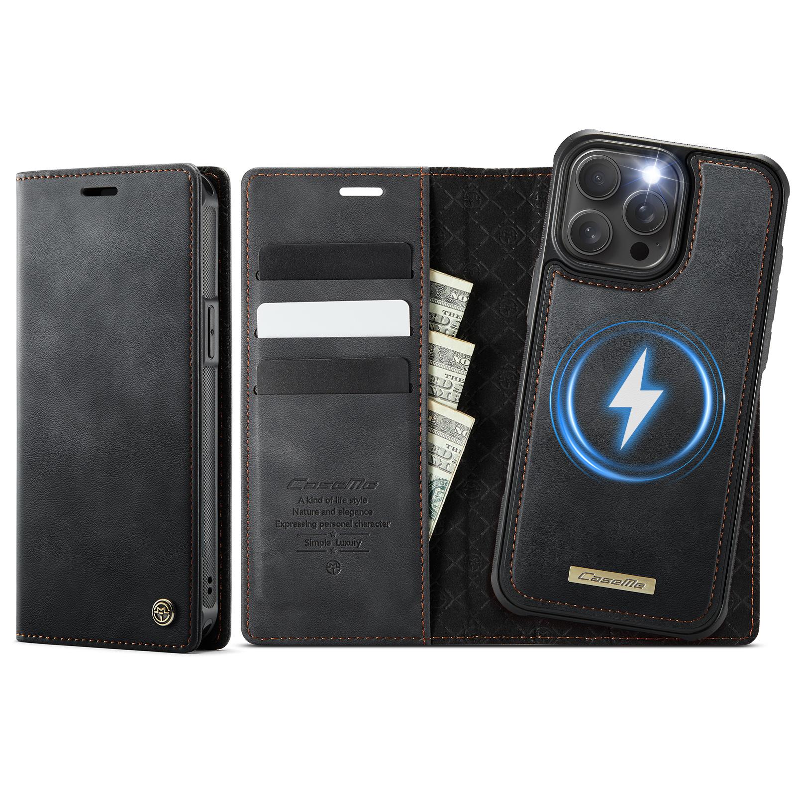 For iPhone 15 Pro CaseMe C49 MagSafe RFID Blocking Detachable Wallet Leather Phone Case(Black) - Shopkiz.com