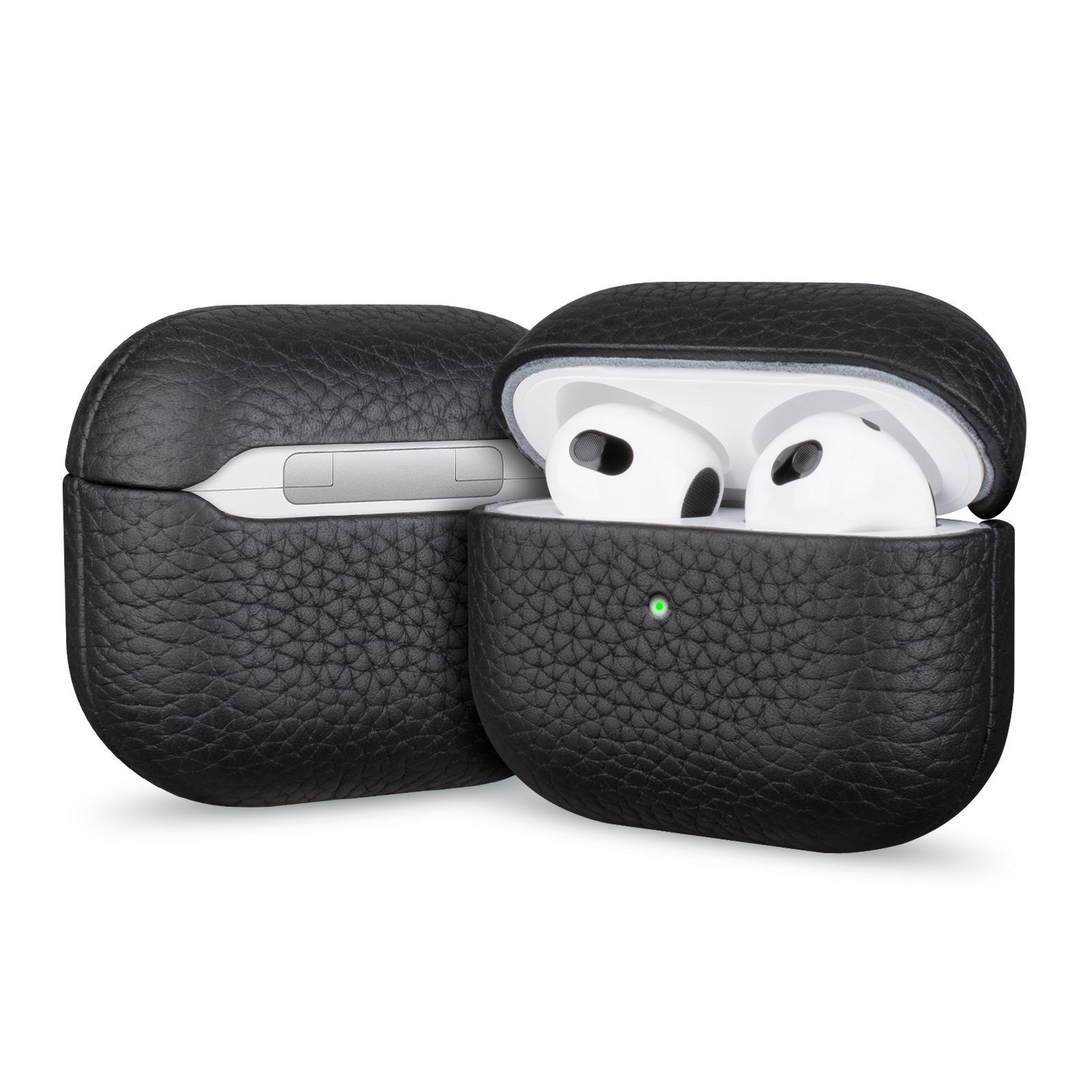 For AirPods 2 / 1 Litchi Grain Genuine Leather Earbuds Protective Case(Black) - Shopkiz.com