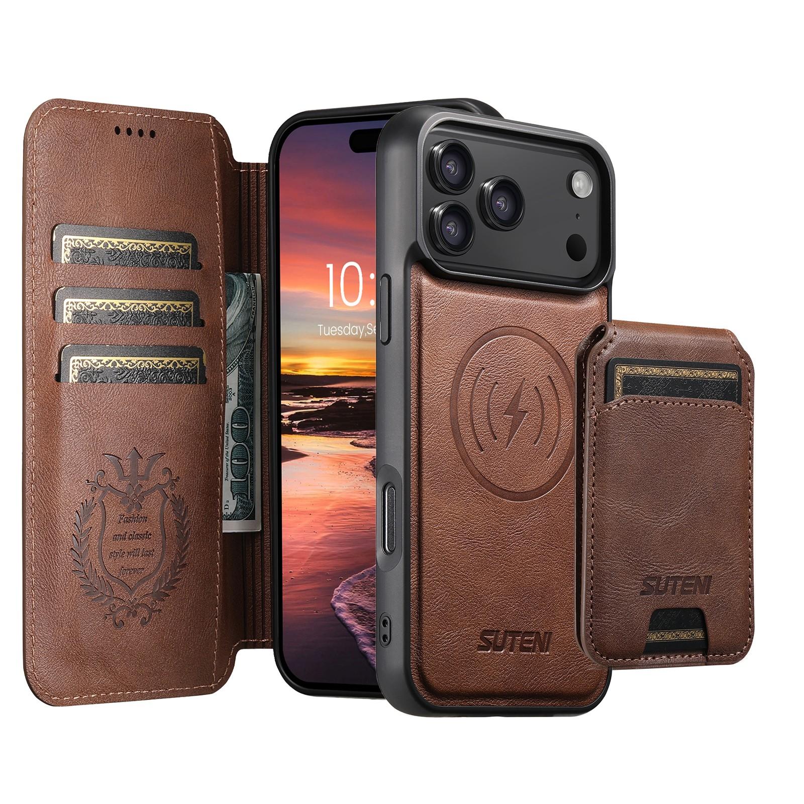 For iPhone 18 Pro Suteni Q05S2 3-in-1 Detachable Vertical Flip Wallet MagSafe Leather Phone Case(Brown) - Shopkiz.com