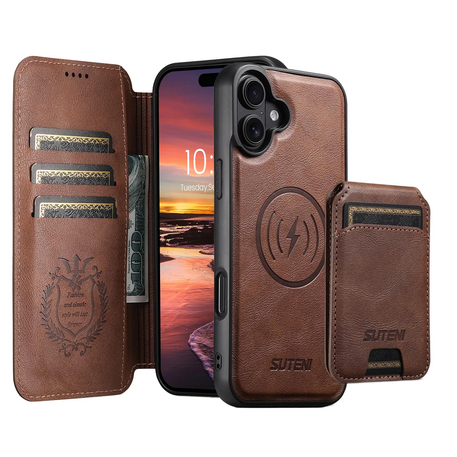 For iPhone 18 Suteni Q05S2 3-in-1 Detachable Vertical Flip Wallet MagSafe Leather Phone Case(Brown) - Shopkiz.com