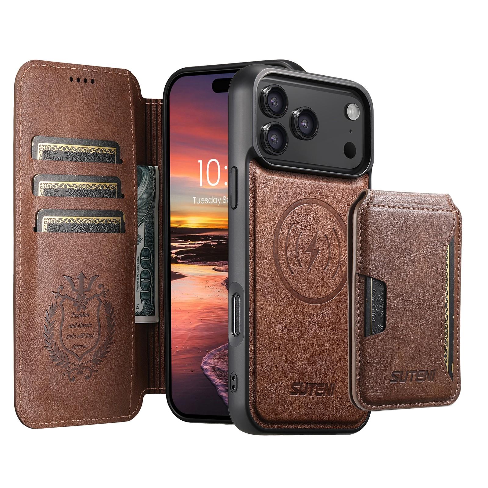 For iPhone 18 Pro Max Suteni Q05S3 3-in-1 Detachable Vertical Flip Wallet MagSafe Leather Phone Case(Brown) - Shopkiz.com