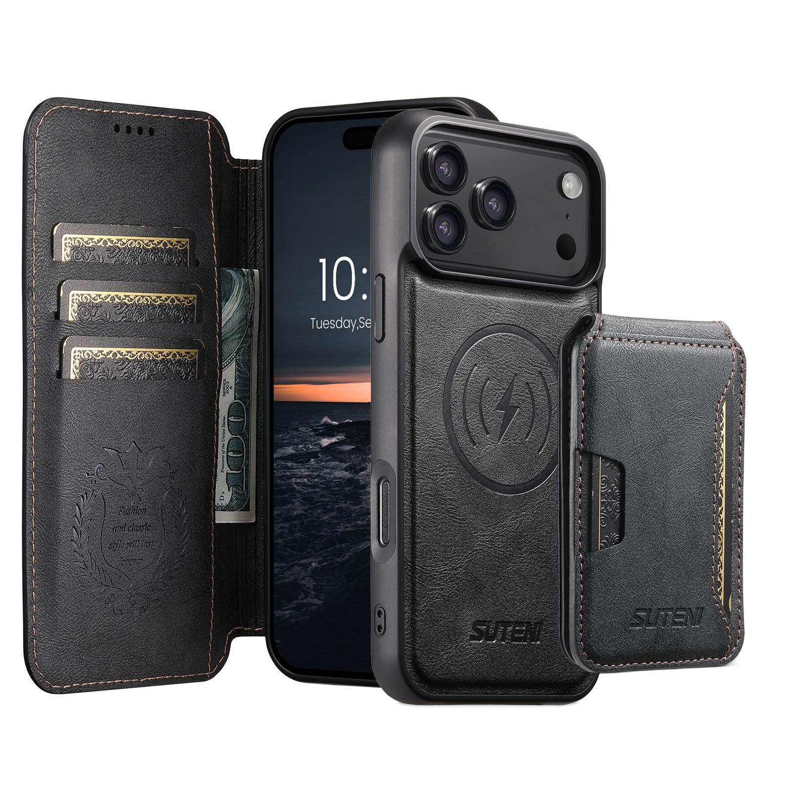 For iPhone 18 Pro Suteni Q05S3 3-in-1 Detachable Vertical Flip Wallet MagSafe Leather Phone Case(Black) - Shopkiz.com