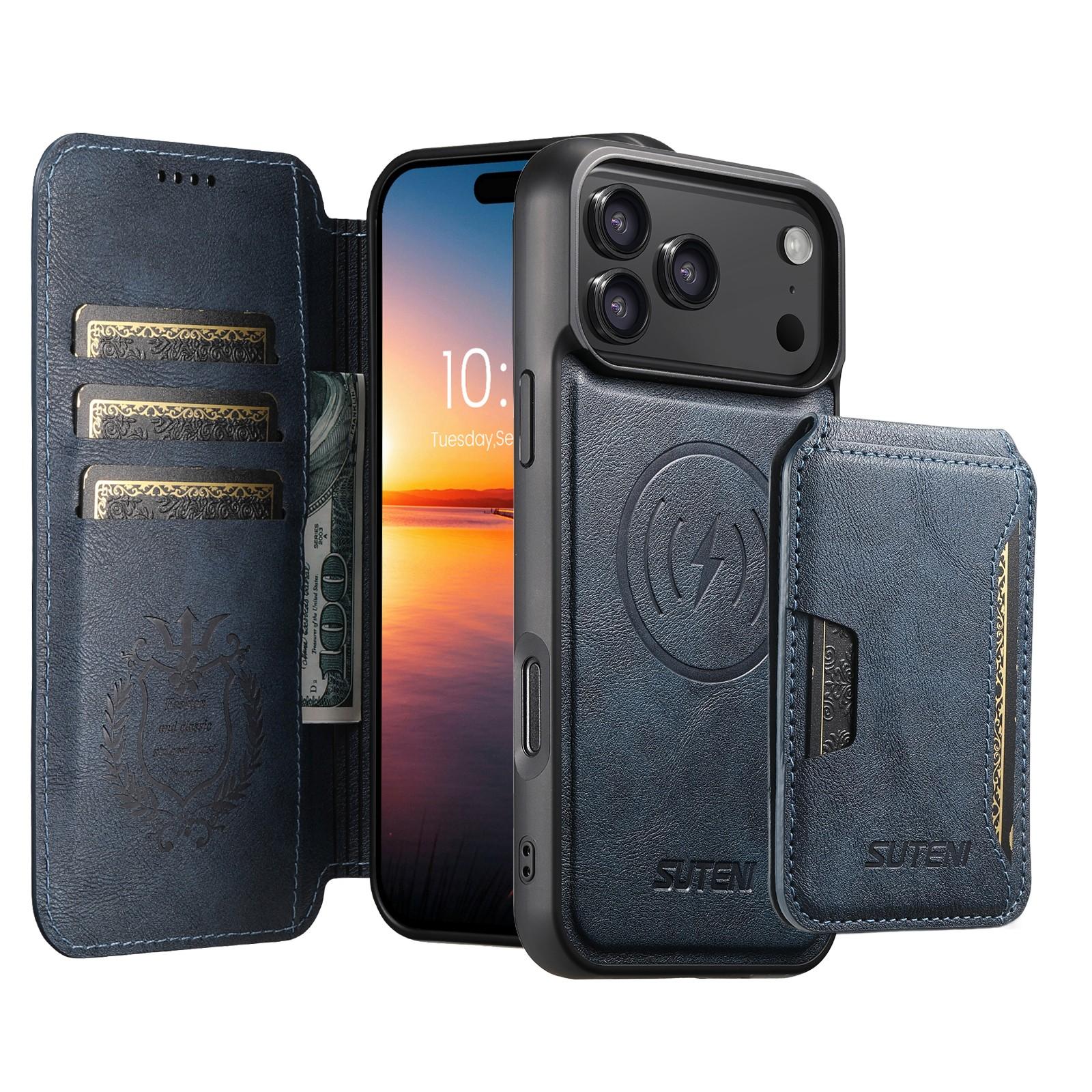 For iPhone 18 Pro Suteni Q05S3 3-in-1 Detachable Vertical Flip Wallet MagSafe Leather Phone Case(Blue) - Shopkiz.com
