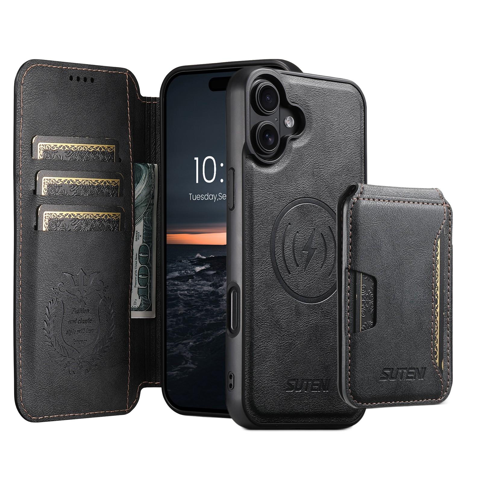 For iPhone 18 Suteni Q05S3 3-in-1 Detachable Vertical Flip Wallet MagSafe Leather Phone Case(Black) - Shopkiz.com