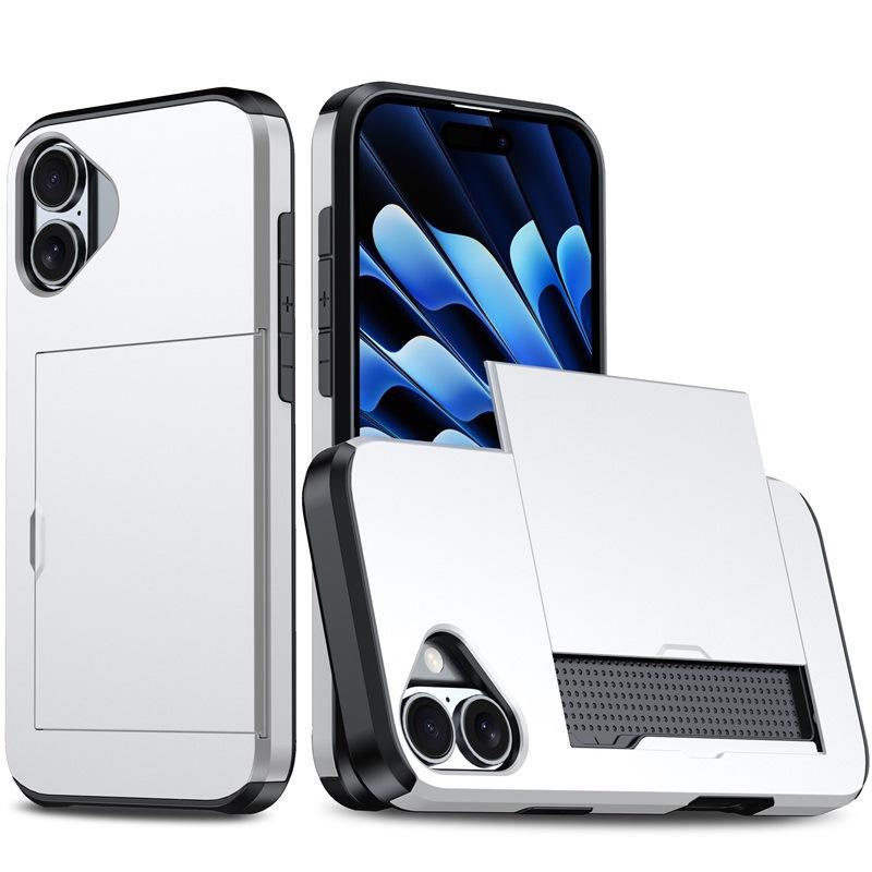 For iPhone 16 Plus Kalebol 2 in 1 Shockproof Sliding Card Slot Phone Case(Silver) - Shopkiz.com