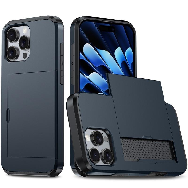 For iPhone 15 Pro Max Kalebol 2 in 1 Shockproof Sliding Card Slot Phone Case(Navy Blue) - Shopkiz.com