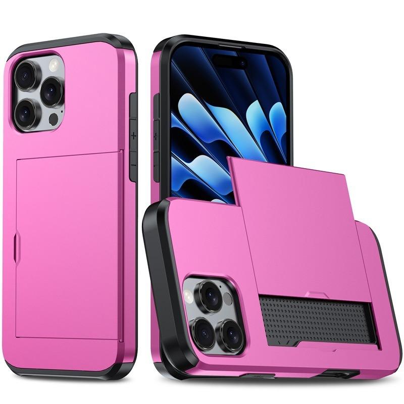 For iPhone 15 Pro Max Kalebol 2 in 1 Shockproof Sliding Card Slot Phone Case(Pink) - Shopkiz.com