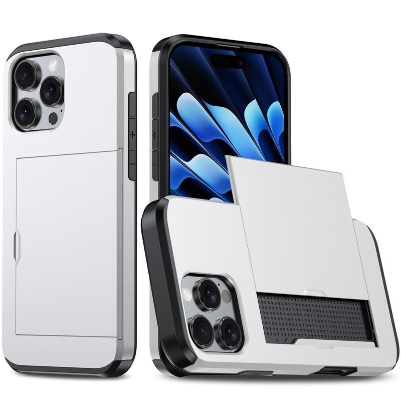 For iPhone 14 Pro Kalebol 2 in 1 Shockproof Sliding Card Slot Phone Case(Silver) - Shopkiz.com