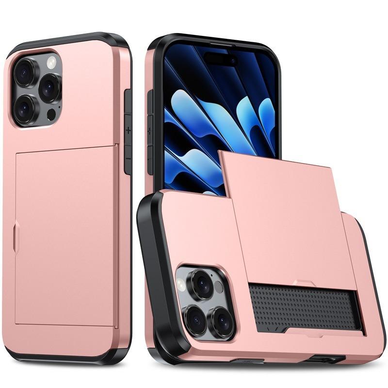 For iPhone 13 Pro Max Kalebol 2 in 1 Shockproof Sliding Card Slot Phone Case(Rose Gold) - Shopkiz.com