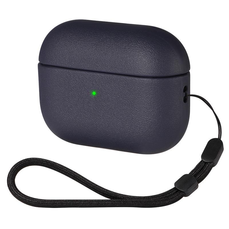 For AirPods Pro 2 Simple Solid Color Soft Leather Texture TPU Earphone Protective Cover with Strap(Dark Blue) - Shopkiz.com