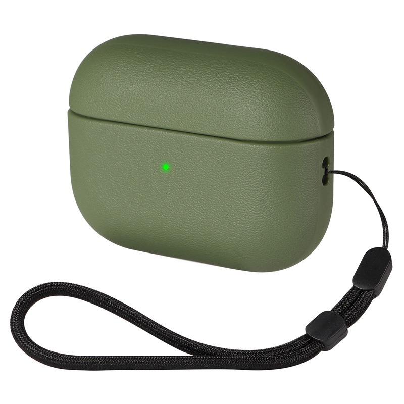For AirPods Pro 2 Simple Solid Color Soft Leather Texture TPU Earphone Protective Cover with Strap(Light Green) - Shopkiz.com