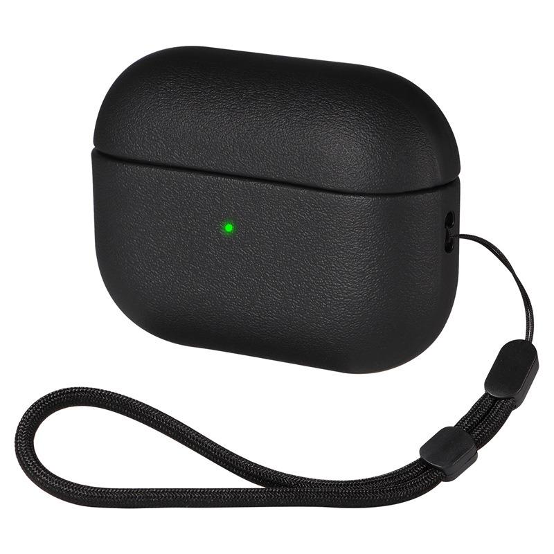 For AirPods Pro Simple Solid Color Soft Leather Texture TPU Earphone Protective Cover with Strap(Black) - Shopkiz.com