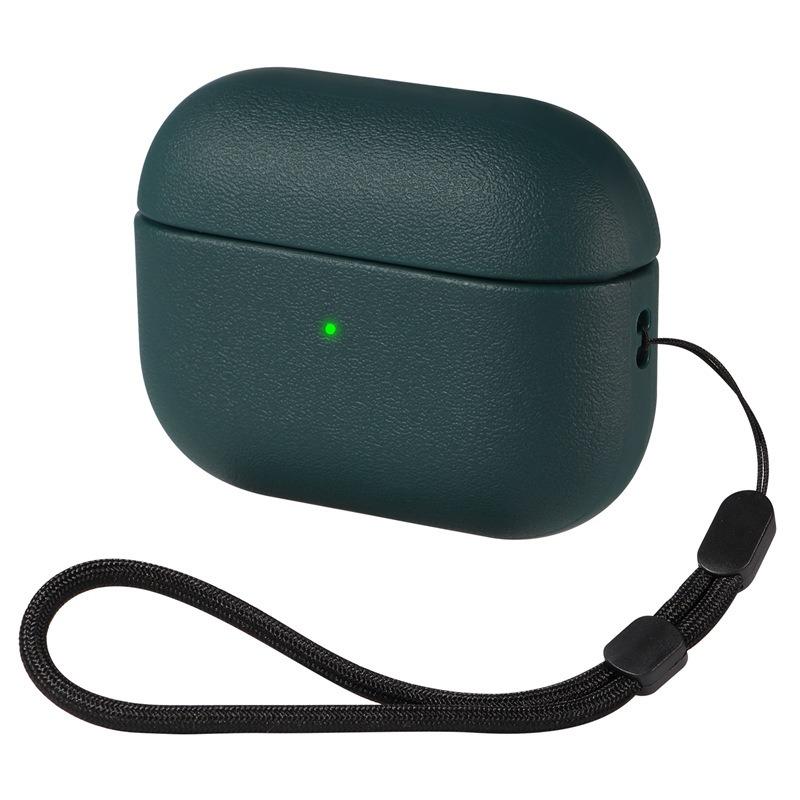 For AirPods Pro 3 Simple Solid Color Soft Leather Texture TPU Earphone Protective Cover with Strap(Dark Green) - Shopkiz.com