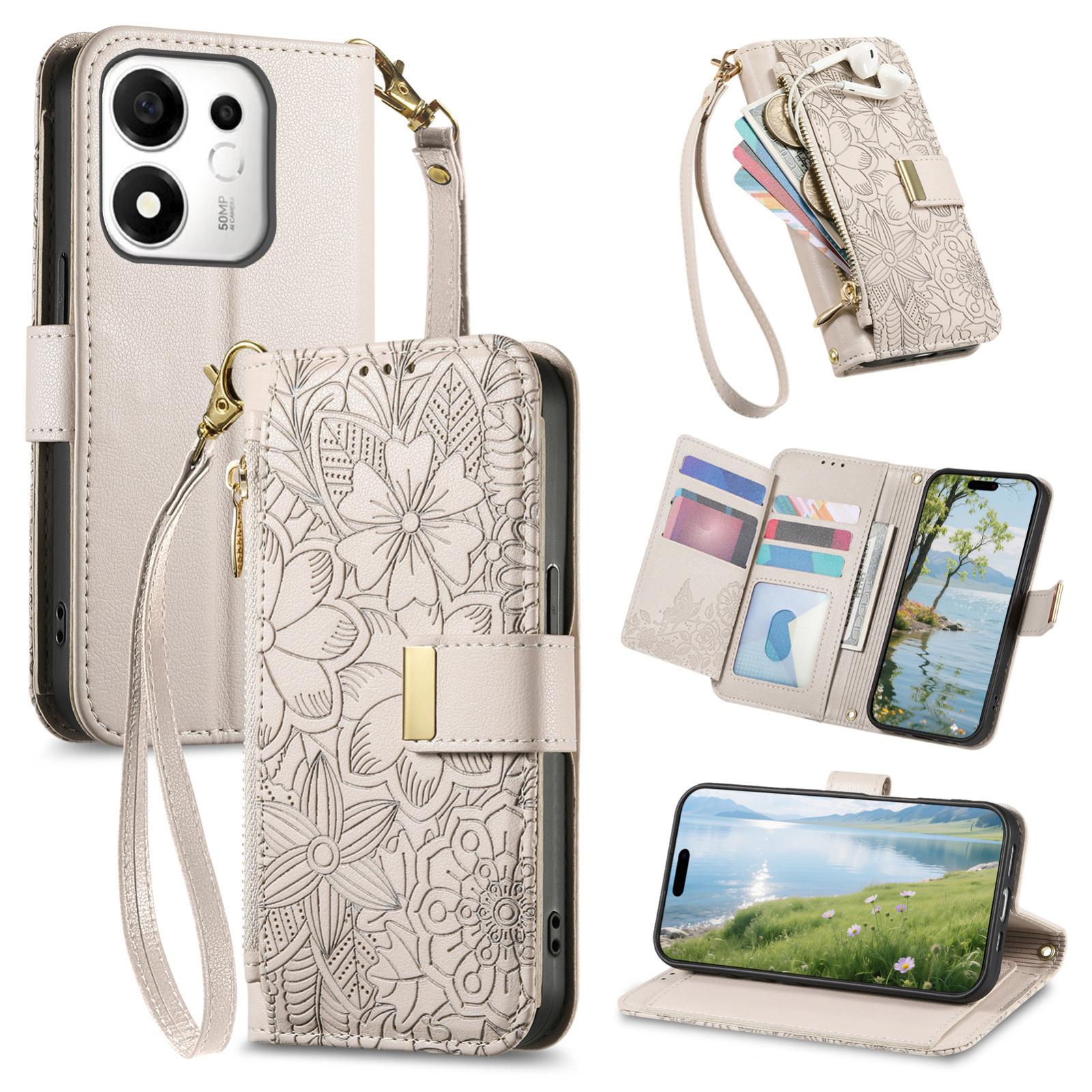 For Honor 600 Smart 5G Flowers Leaves Zipper Wallet Leather Phone Case with Strap(Khaki) - Shopkiz.com