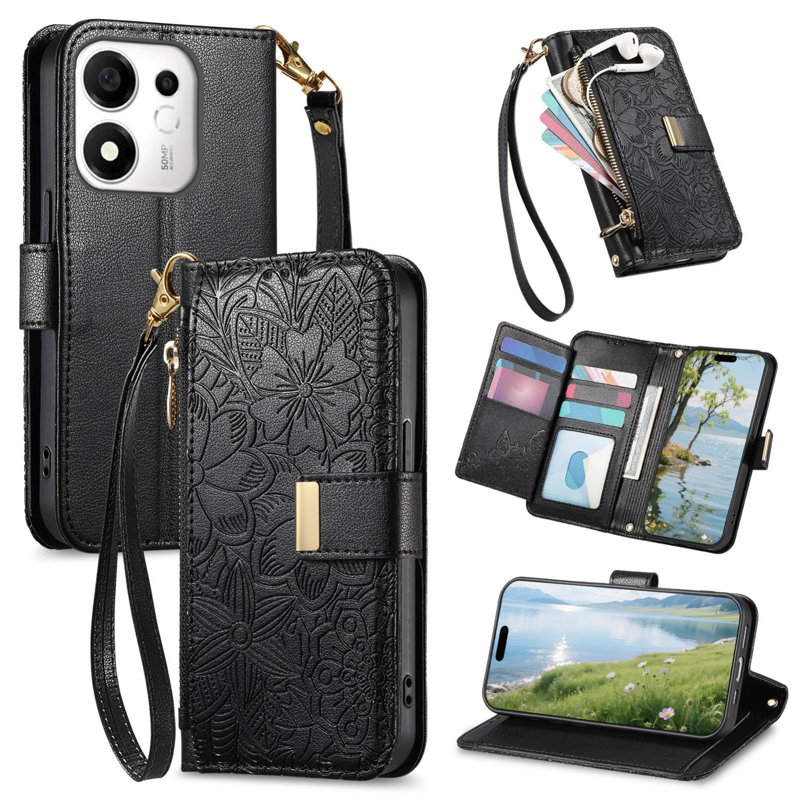 For Honor 600 Smart 5G Flowers Leaves Zipper Wallet Leather Phone Case with Strap(Black) - Shopkiz.com