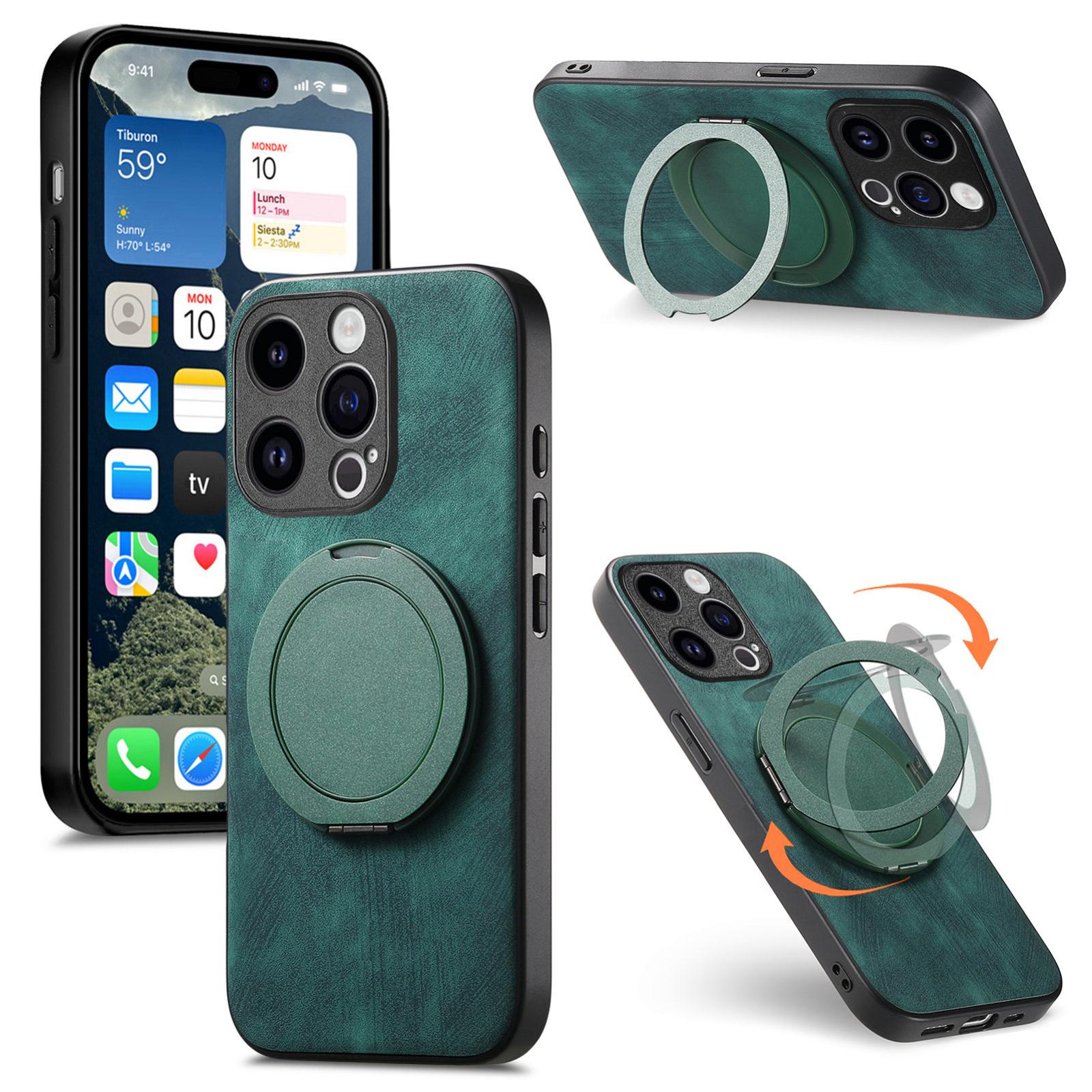 For iPhone 12 Retro Leather Rotation Round Holder Phone Case(Green) - Shopkiz.com