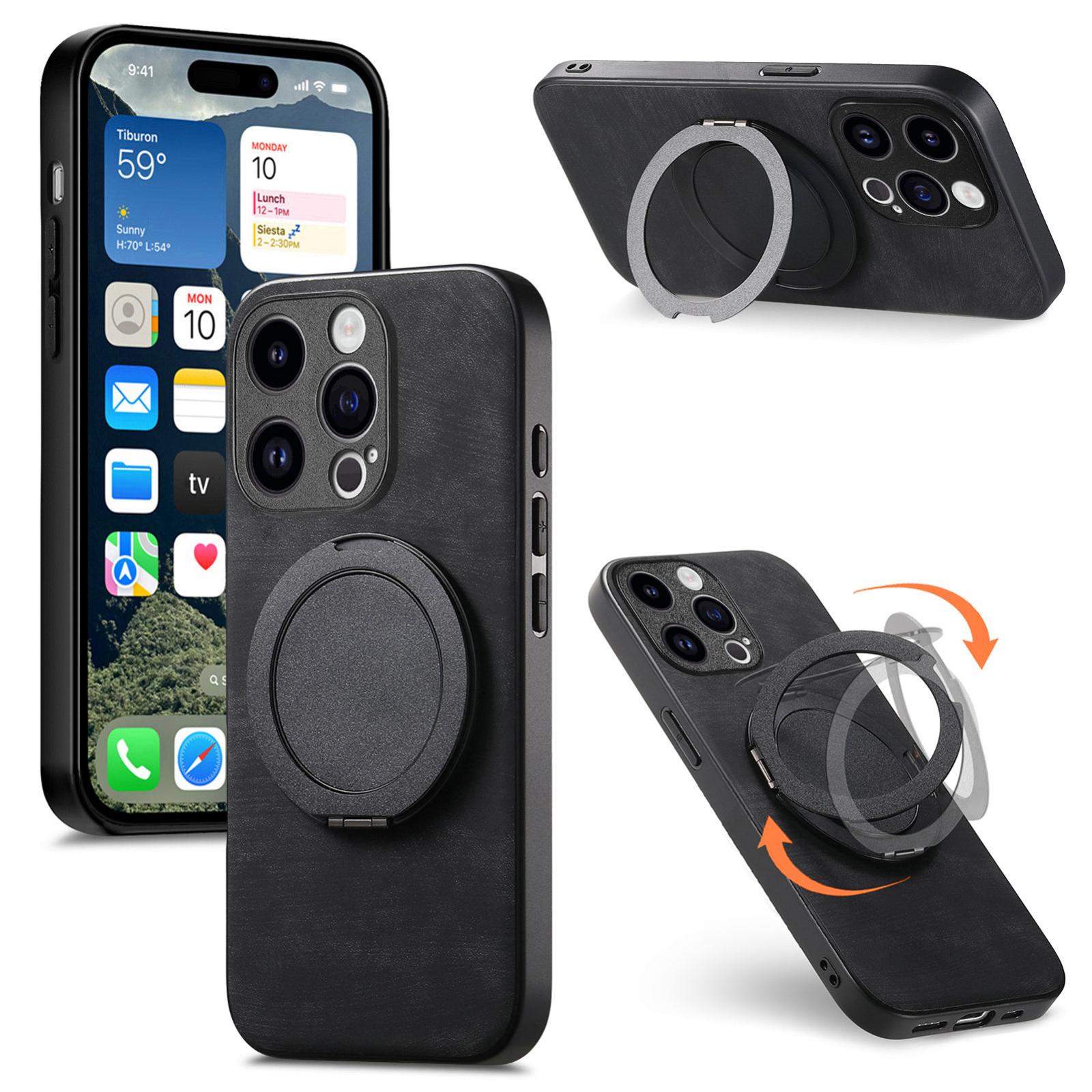 For iPhone 12 Pro Max Retro Leather Rotation Round Holder Phone Case(Black) - Shopkiz.com