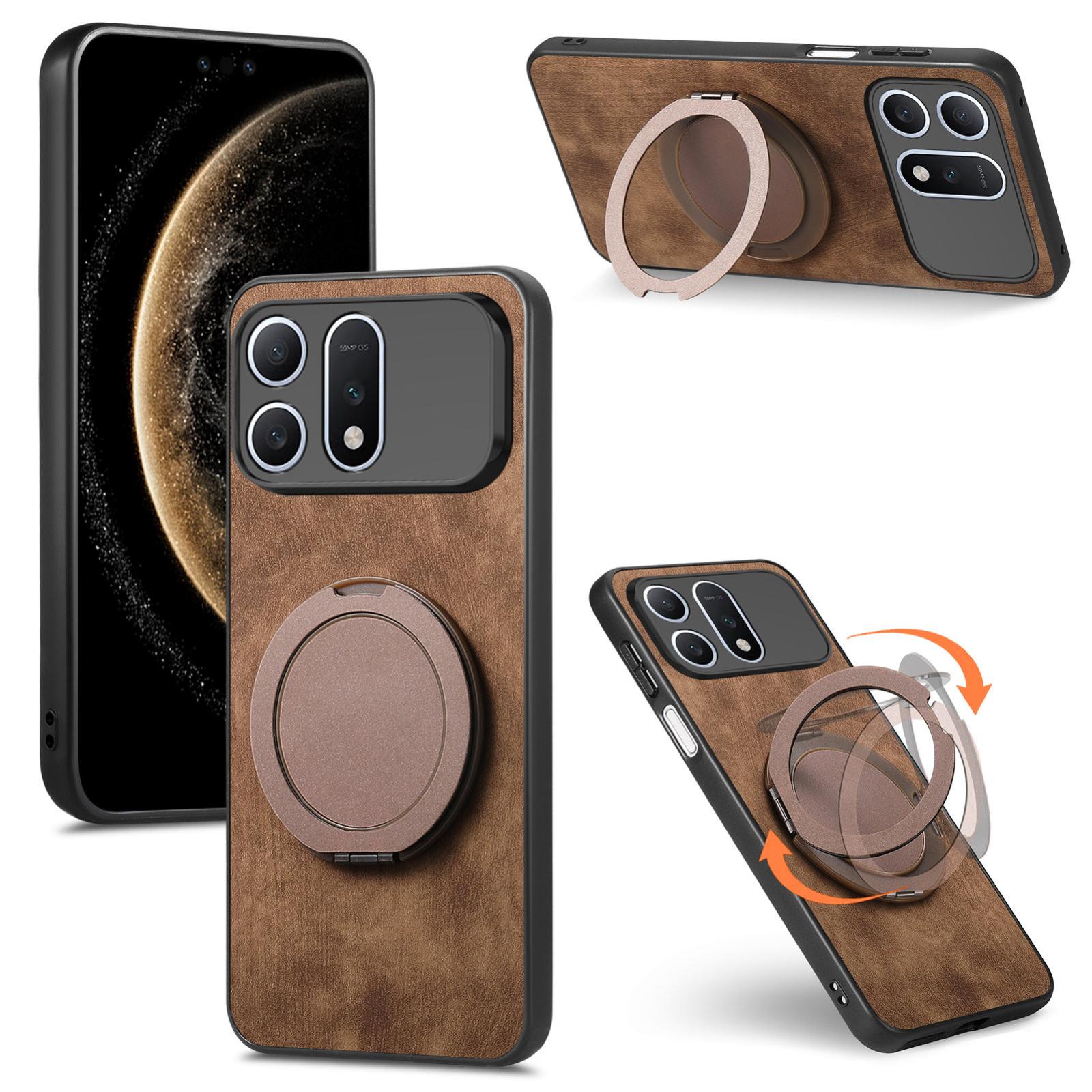 For Honor Win Turbo 5G Retro Leather Rotation Round Holder Phone Case(Brown) - Shopkiz.com
