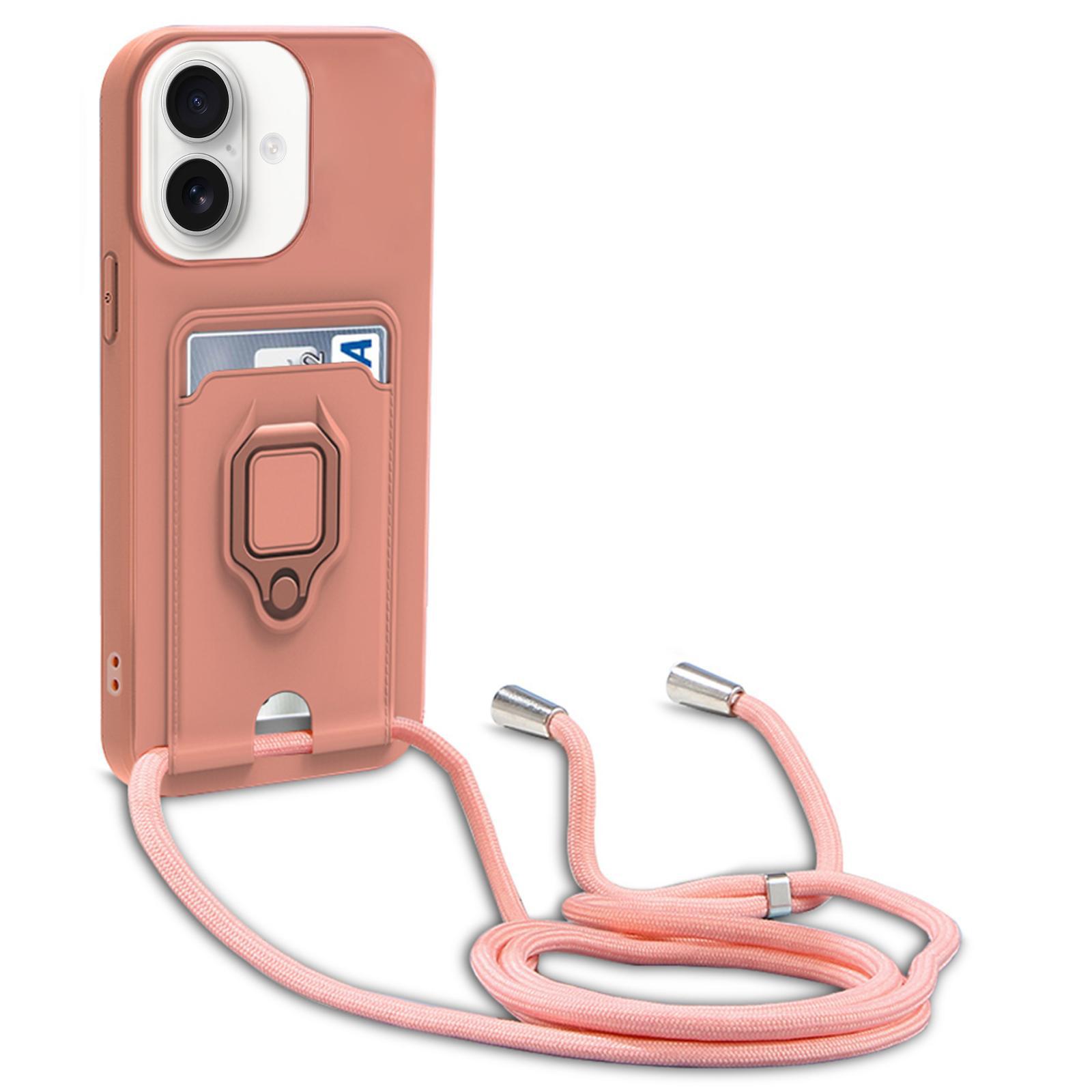 For iPhone 17 Sliding Camshield Magnetic Card Holder Silicone Phone Case with Lanyard(Pink) - Shopkiz.com