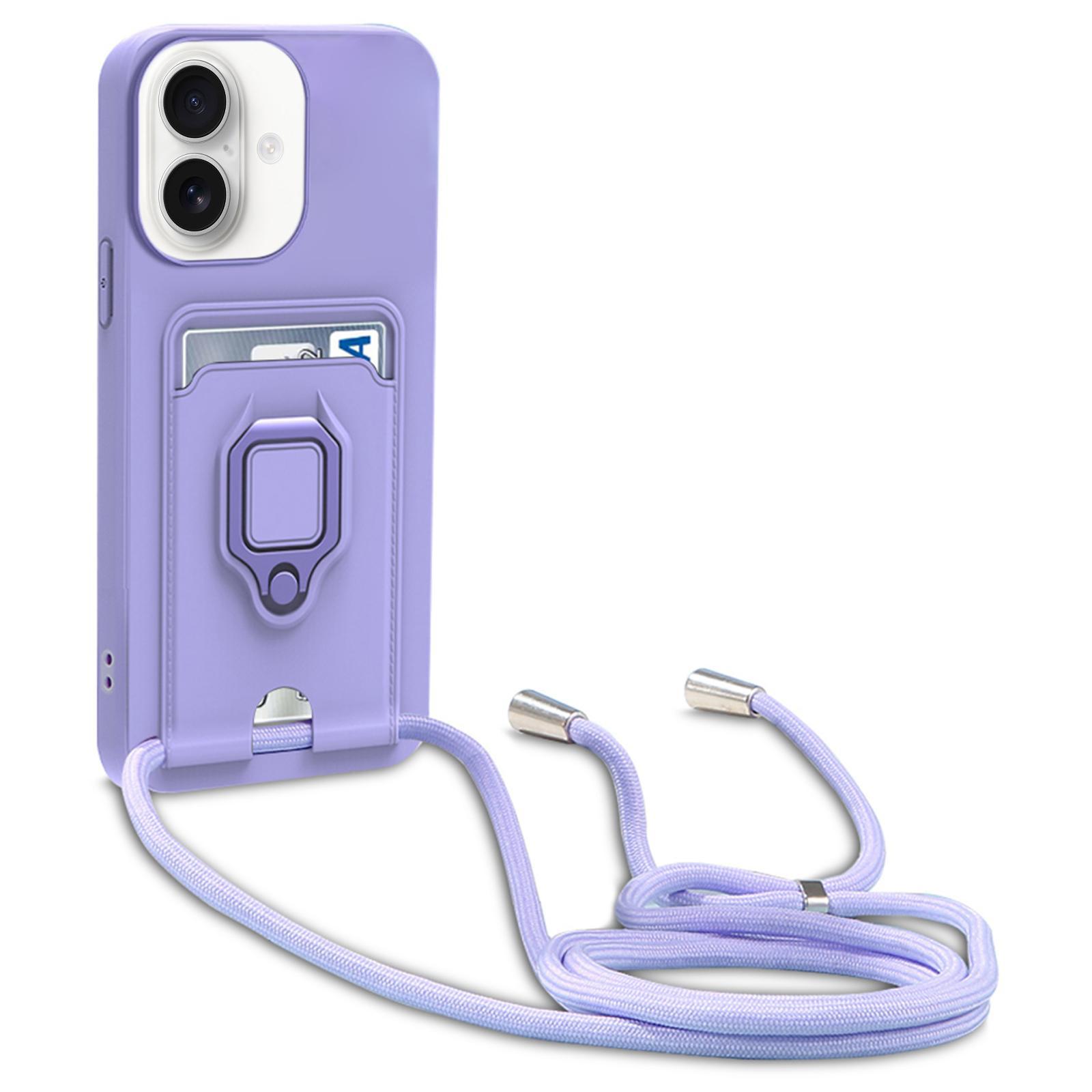 For iPhone 17 Sliding Camshield Magnetic Card Holder Silicone Phone Case with Lanyard(Light Purple) - Shopkiz.com