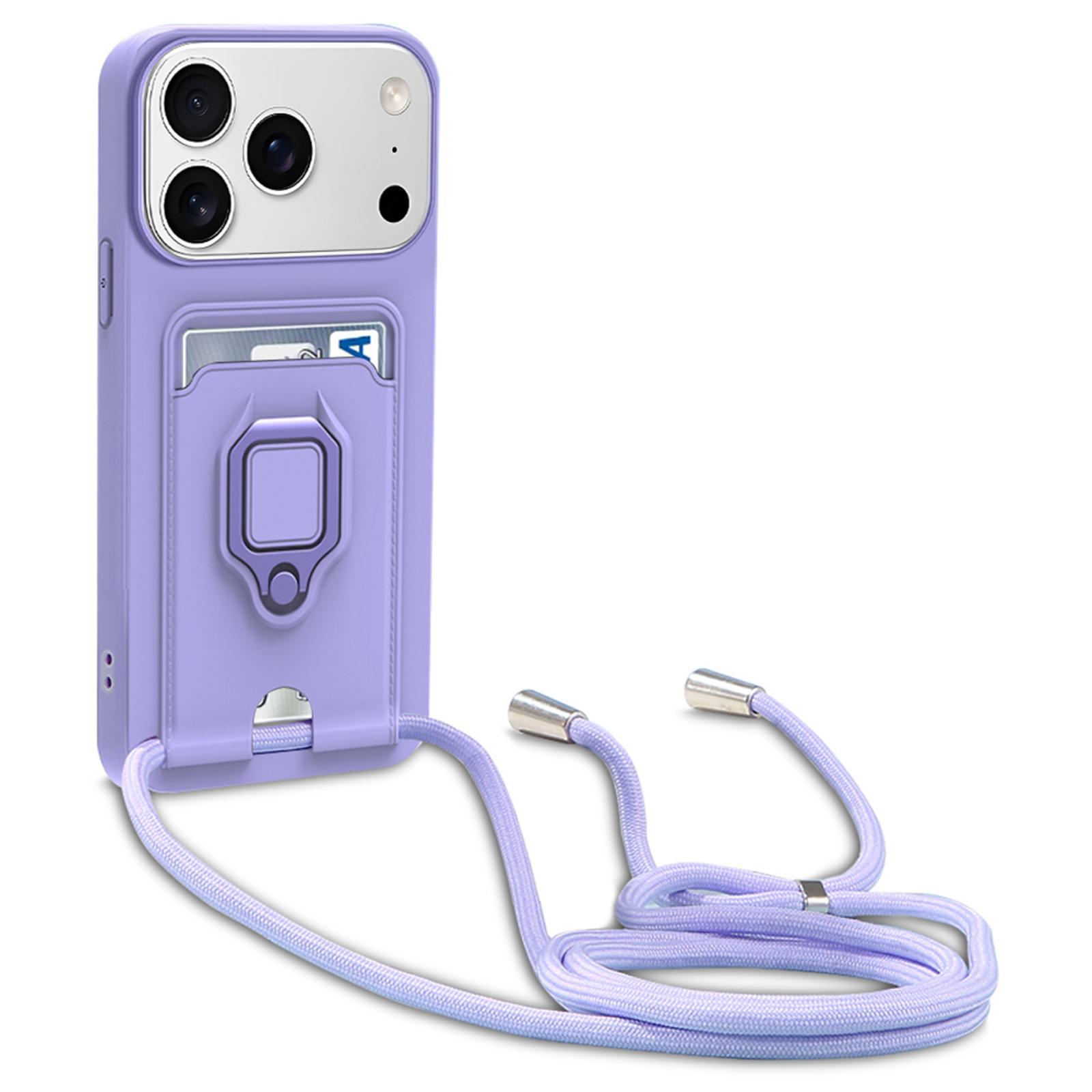 For iPhone 17 Pro Sliding Camshield Magnetic Card Holder Silicone Phone Case with Lanyard(Light Purple) - Shopkiz.com