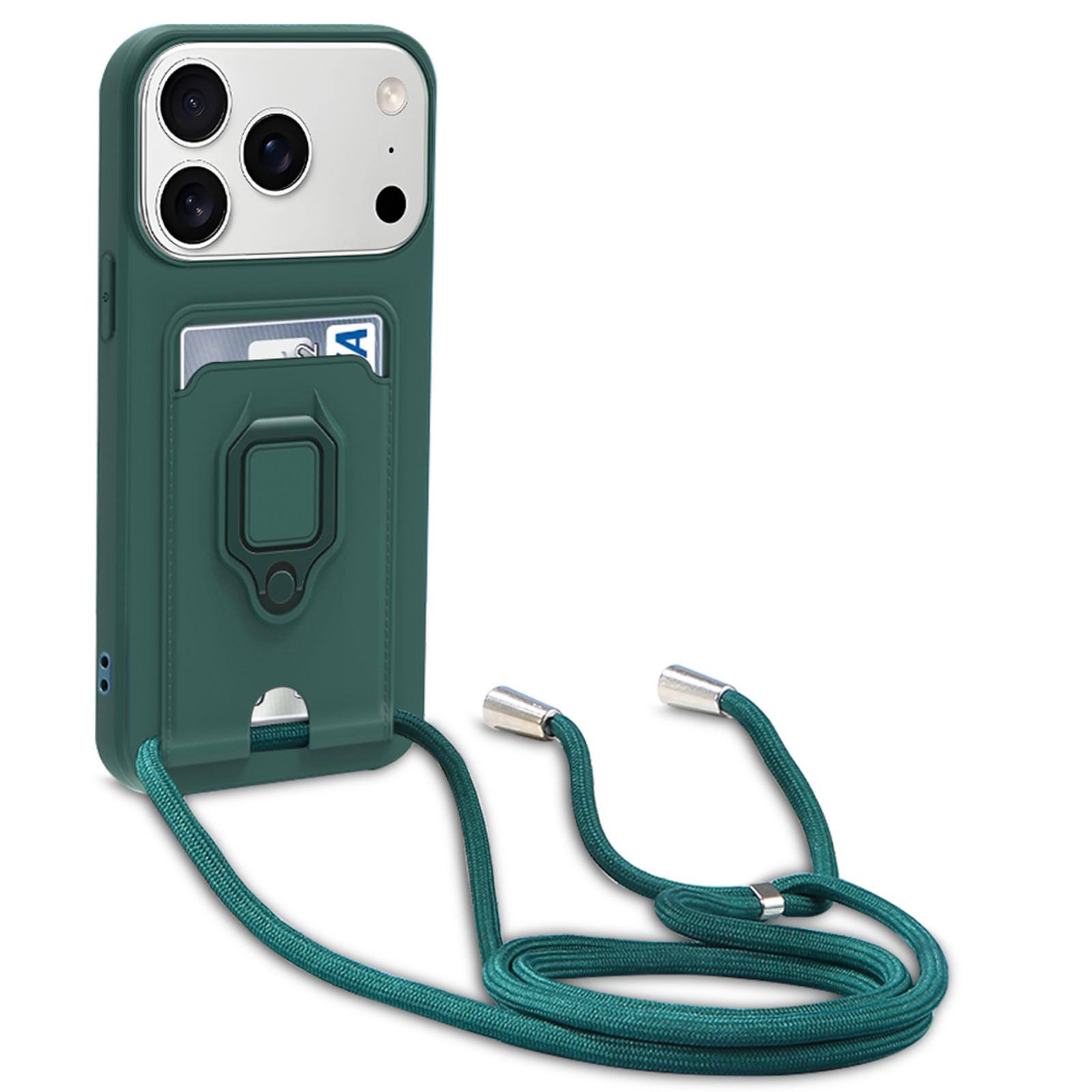 For iPhone 17 Pro Sliding Camshield Magnetic Card Holder Silicone Phone Case with Lanyard(Dark Night Green) - Shopkiz.com