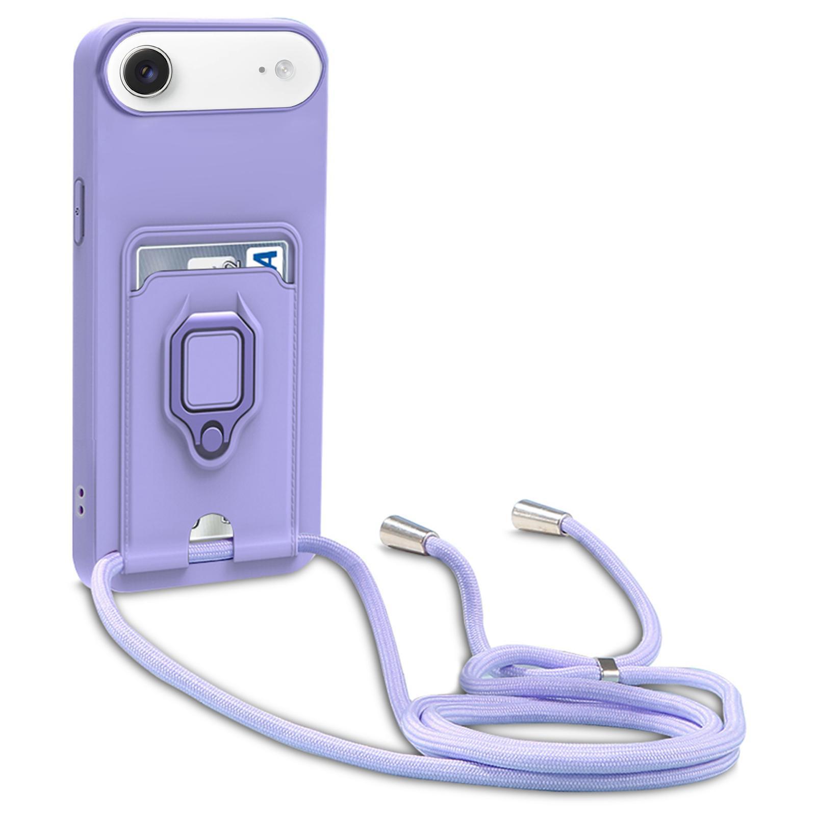 For iPhone Air Sliding Camshield Magnetic Card Holder Silicone Phone Case with Lanyard(Light Purple) - Shopkiz.com
