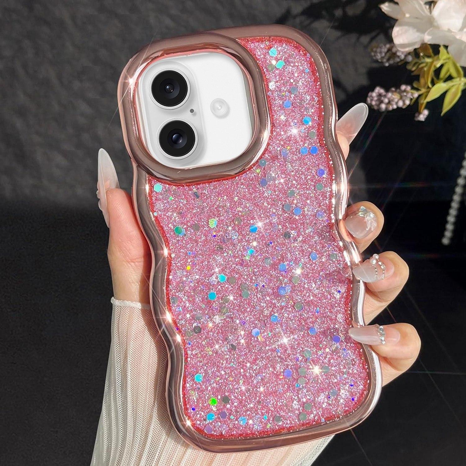 For iPhone 16 Plus Wave Glitter Sequined Electroplated Phone Case(Pink) - Shopkiz.com