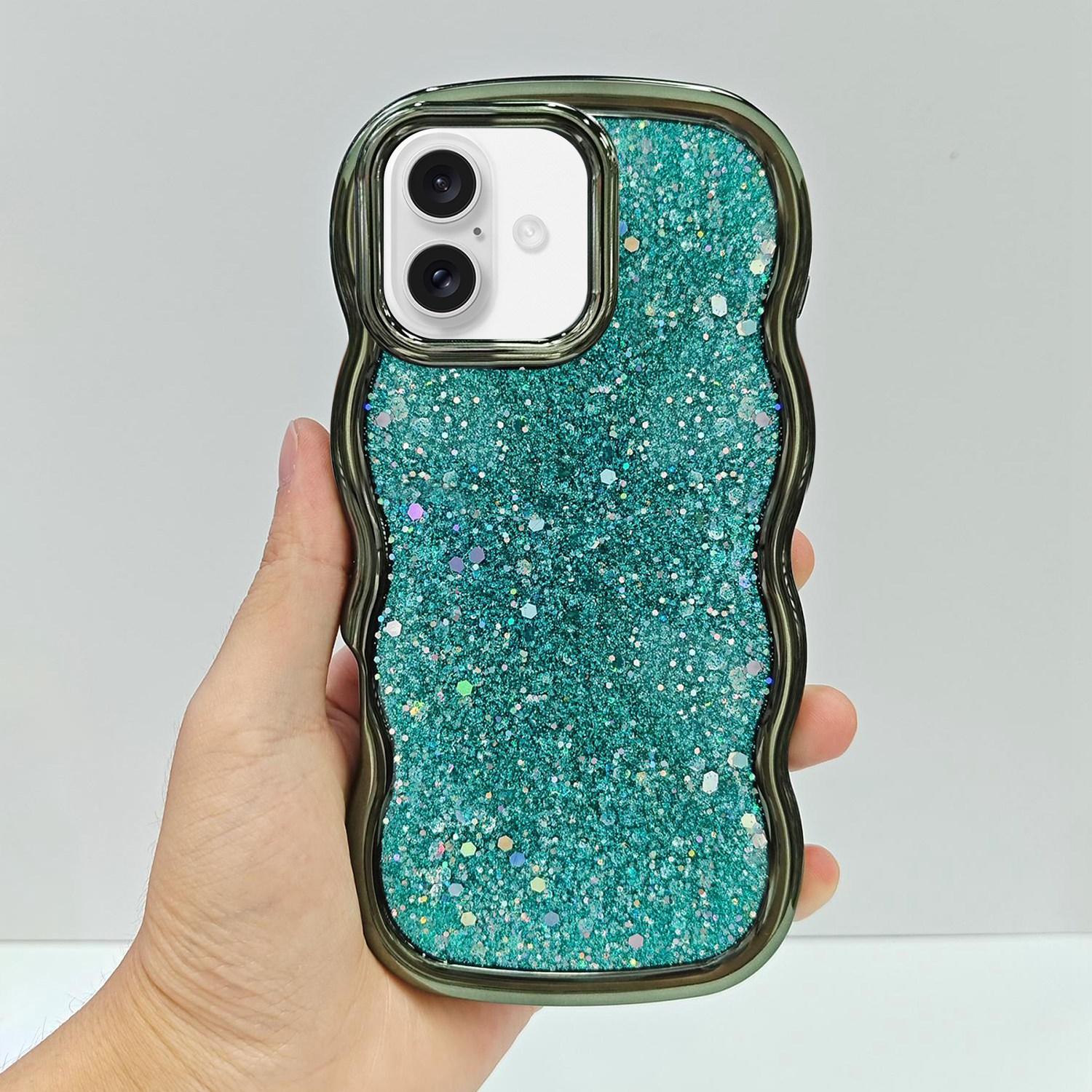 For iPhone 16 Wave Glitter Sequined Electroplated Phone Case(Green) - Shopkiz.com
