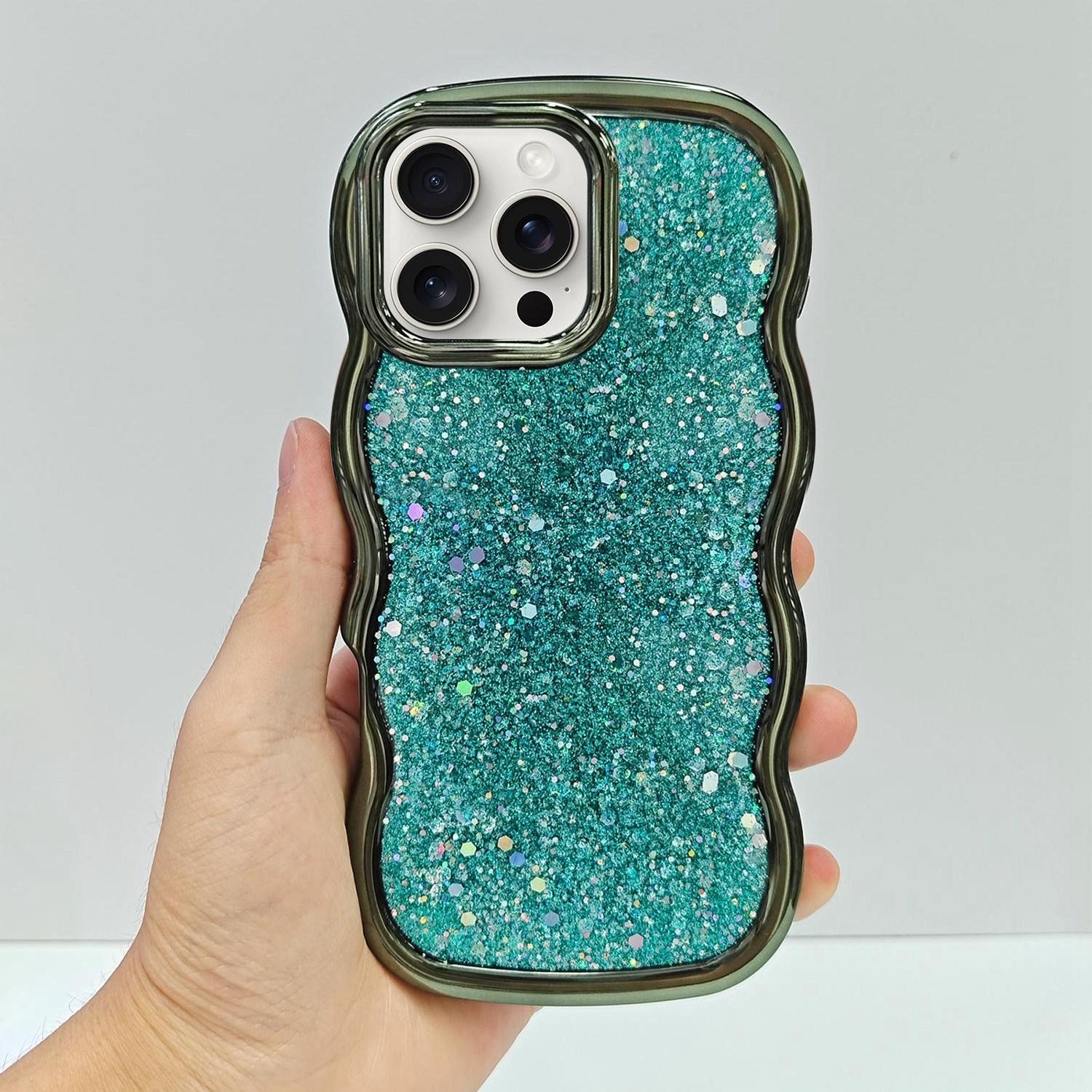For iPhone 15 Pro Max Wave Glitter Sequined Electroplated Phone Case(Green) - Shopkiz.com