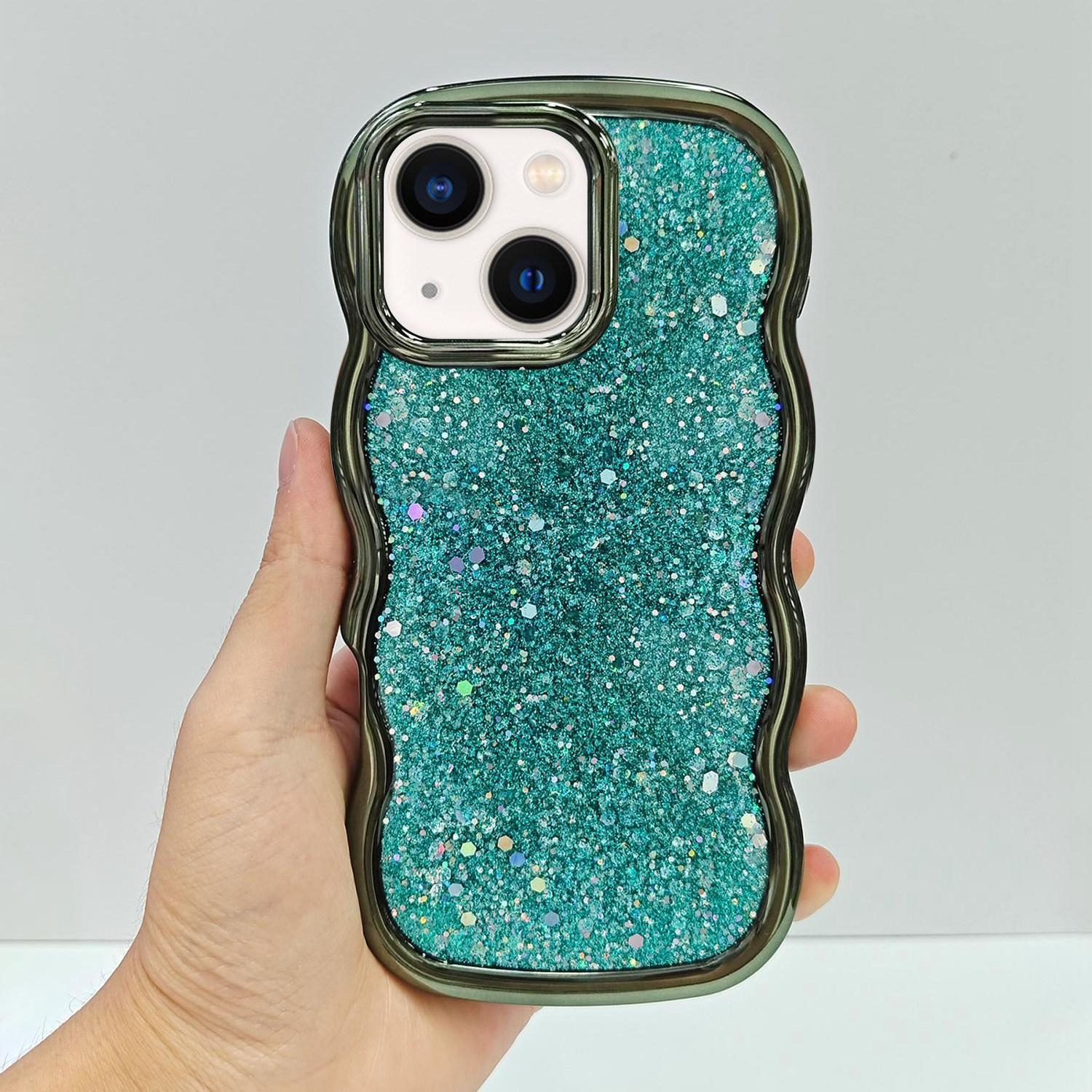 For iPhone 15 Plus Wave Glitter Sequined Electroplated Phone Case(Green) - Shopkiz.com