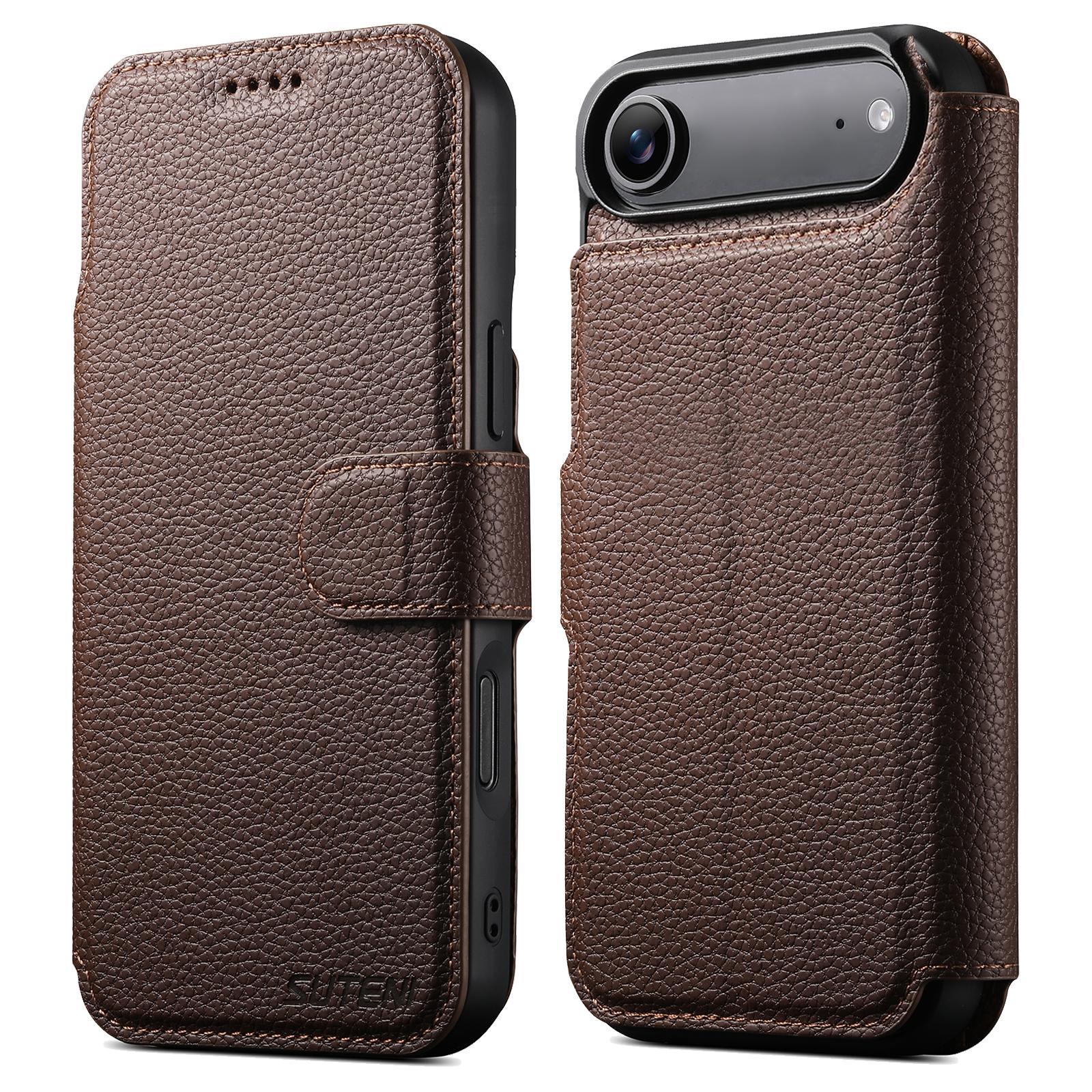 For iPhone Air Suteni Q05 -in-1 Multi-function MagSafe Wallet Big Litchi Leather Phone Case(Brown) - Shopkiz.com