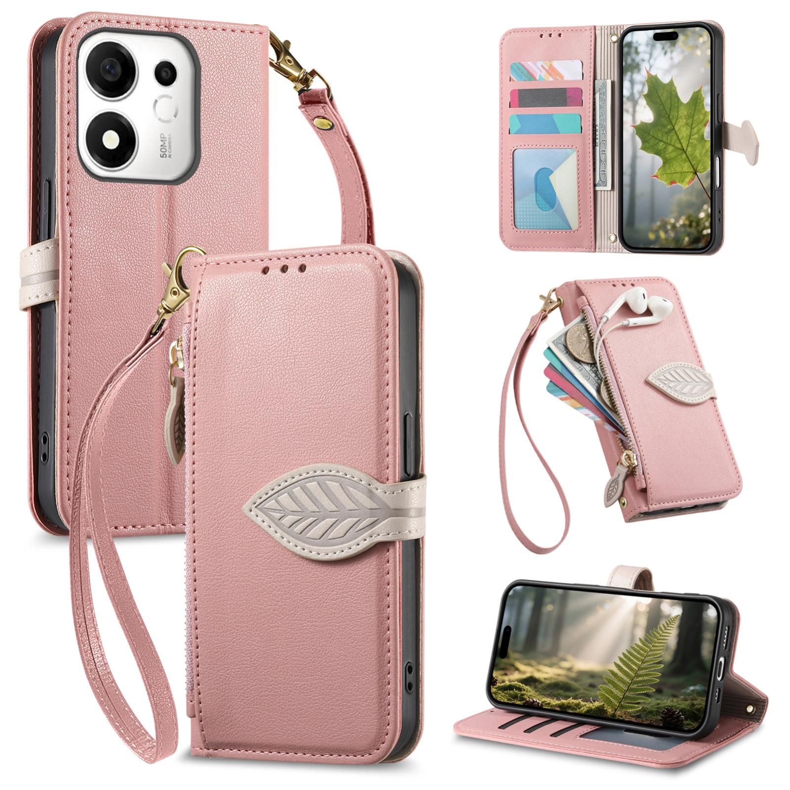 For Honor 600 Smart 5G Leaf Buckle Zipper Wallet Leather Phone Case with Strap(Pink) - Shopkiz.com