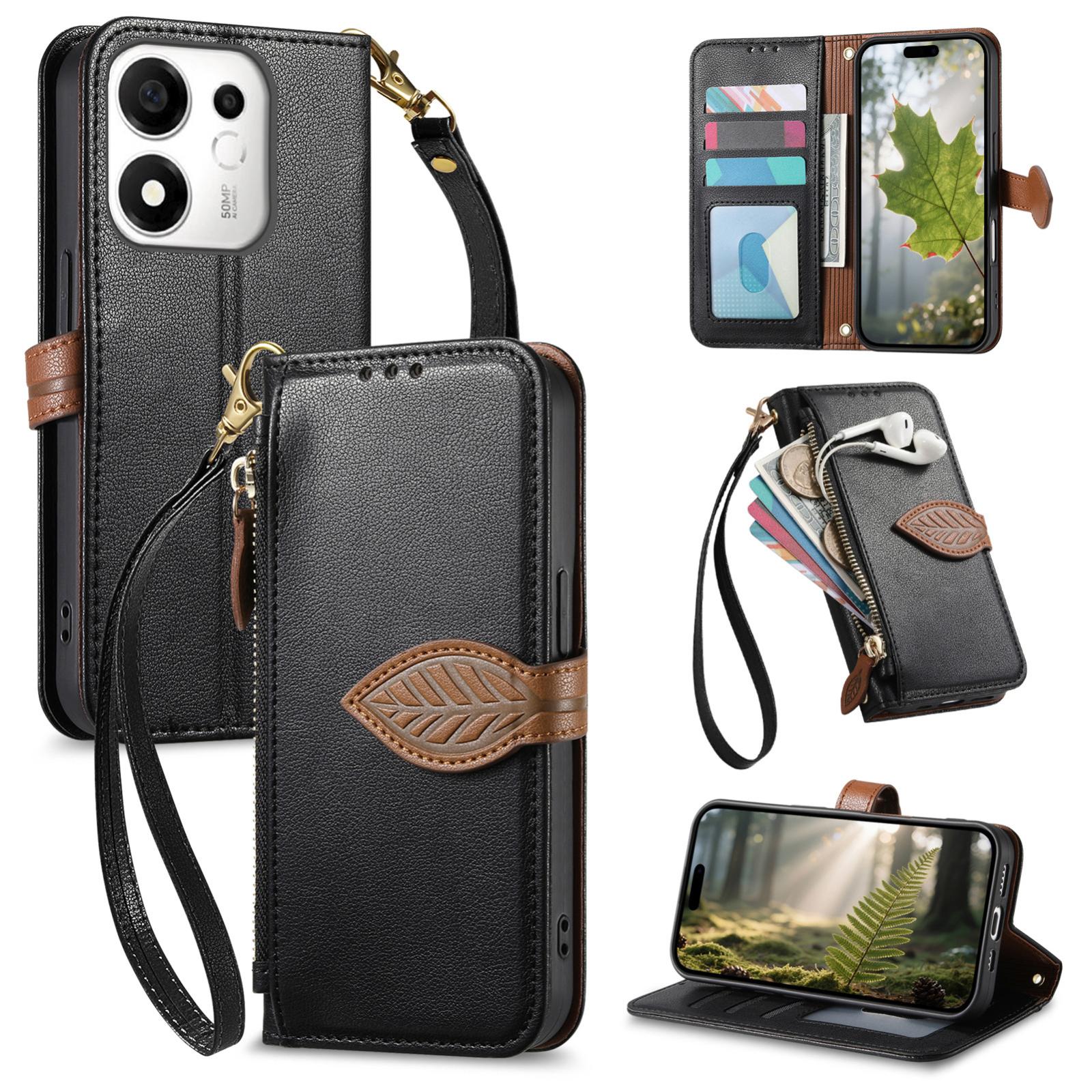 For Honor 600 Smart 5G Leaf Buckle Zipper Wallet Leather Phone Case with Strap(Black) - Shopkiz.com