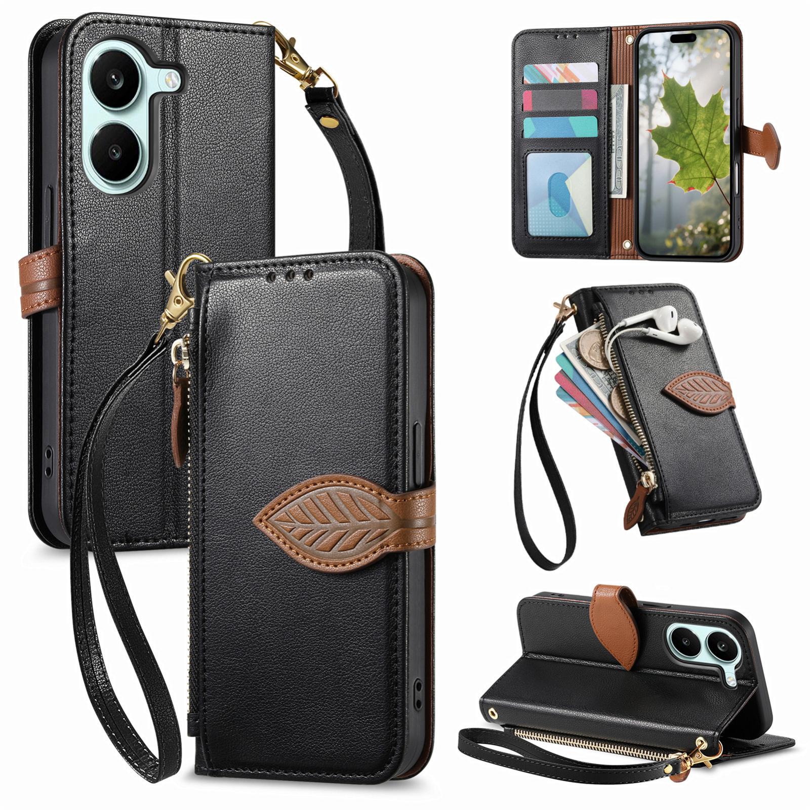 For Honor Play 80 Plus 5G Leaf Buckle Zipper Wallet Leather Phone Case with Strap(Black) - Shopkiz.com