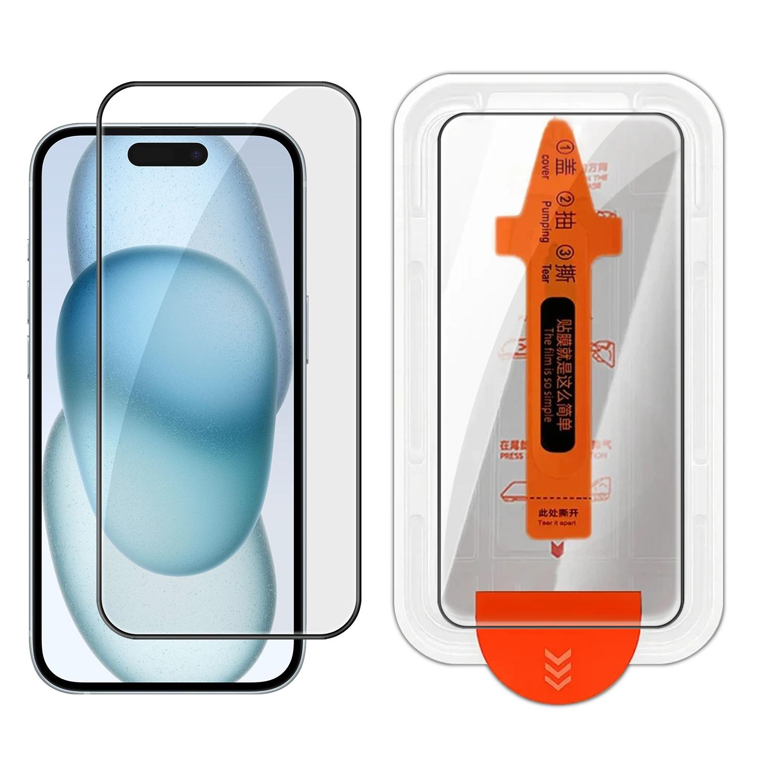 For iPhone 15 Plus Easy Install Box Dust-Free Screen-Printed HD Tempered Glass Film - Shopkiz.com