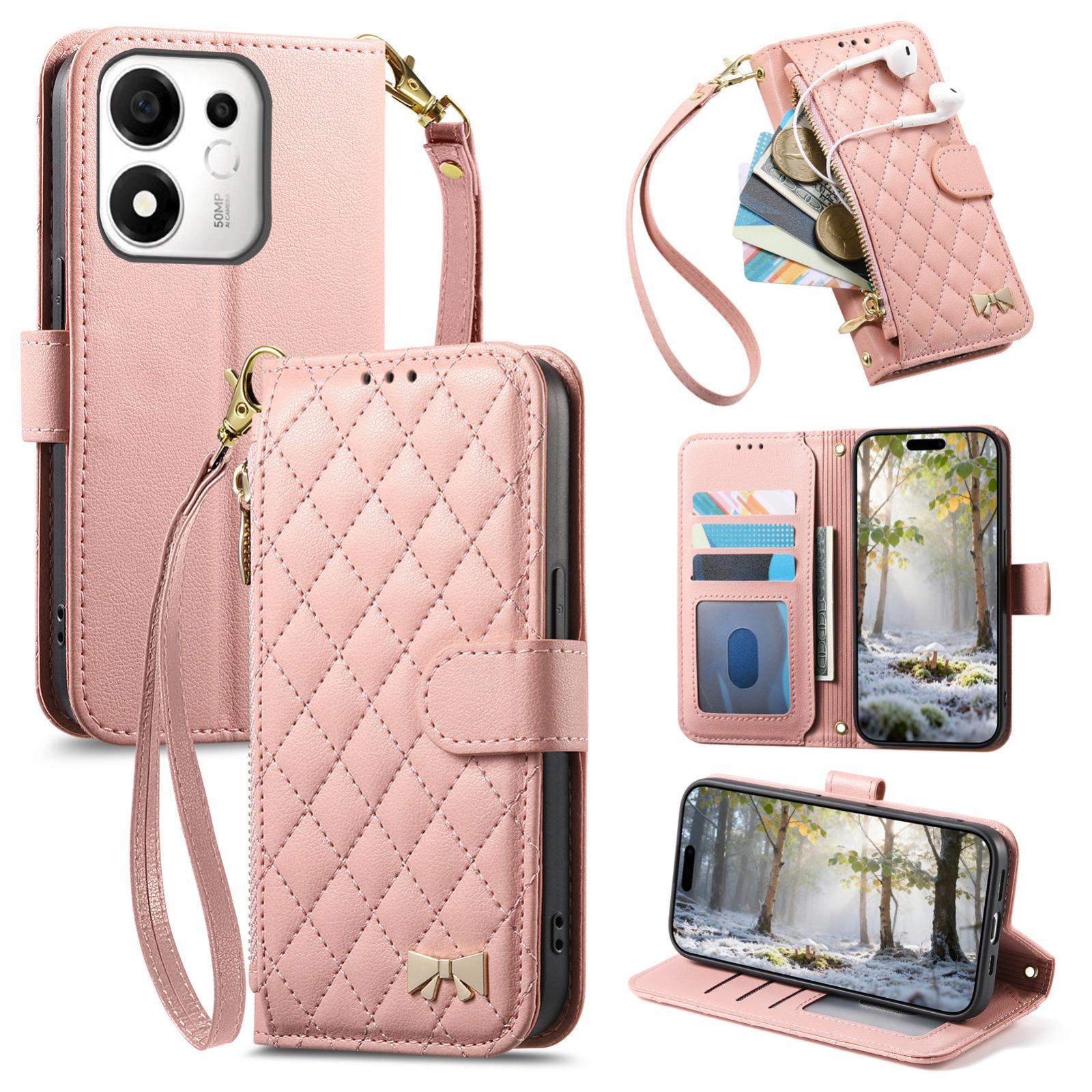 For Honor 600 Smart 5G Rhombic Texture Zipper Wallet Metal Bow-knot Vegan Leather Phone Case with Strap(Pink) - Shopkiz.com