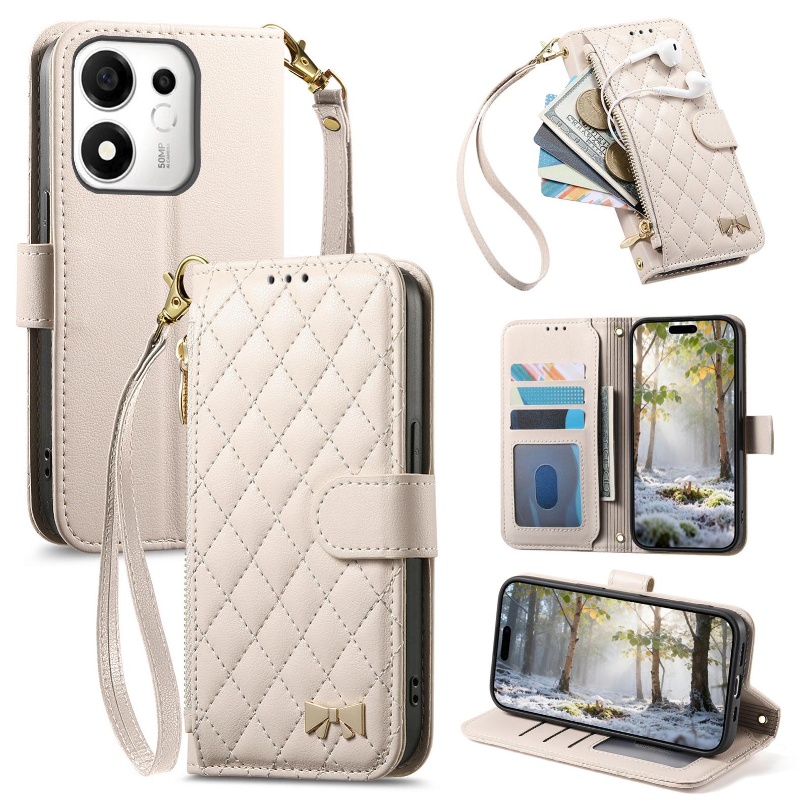 For Honor 600 Smart 5G Rhombic Texture Zipper Wallet Metal Bow-knot Vegan Leather Phone Case with Strap(Beige) - Shopkiz.com