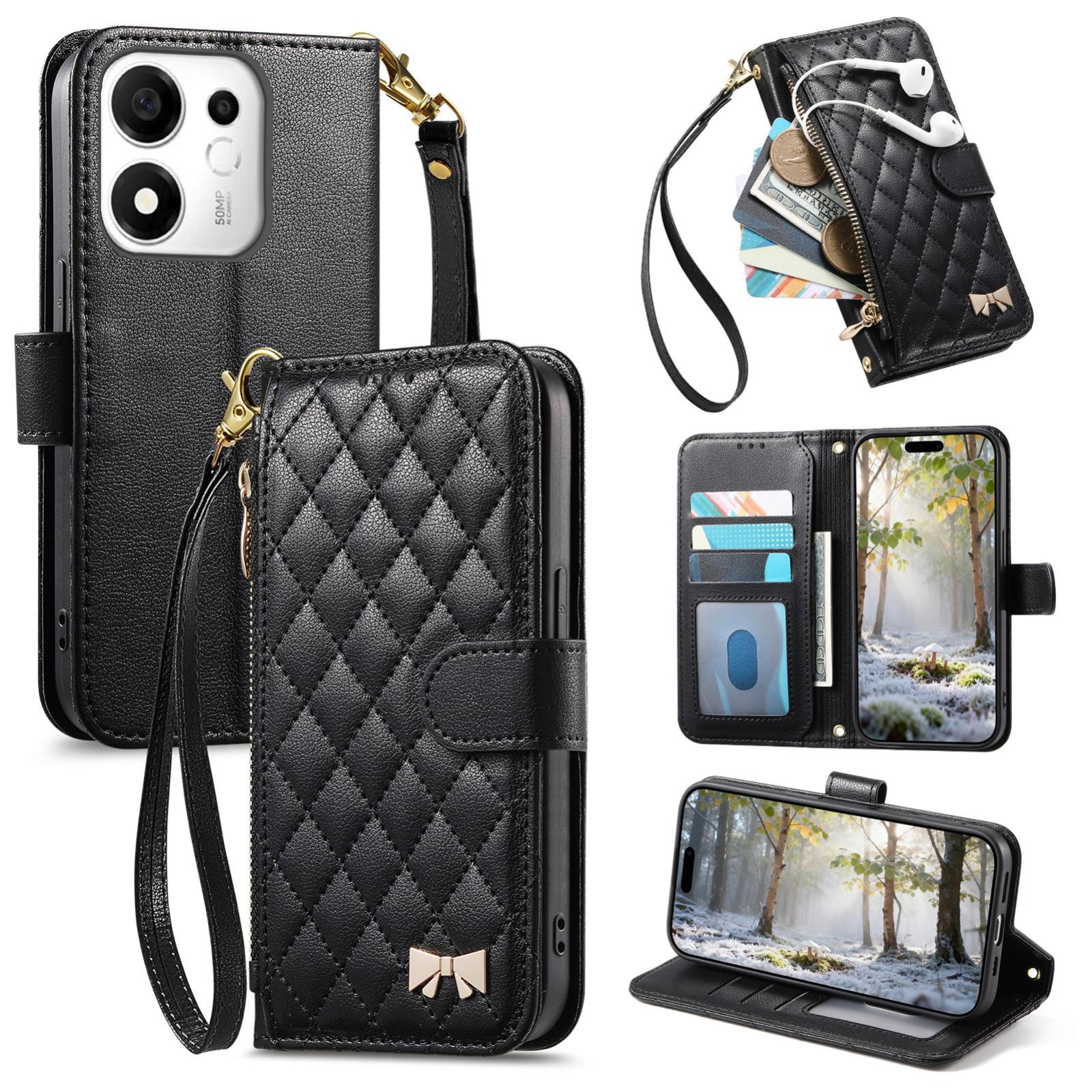 For Honor 600 Smart 5G Rhombic Texture Zipper Wallet Metal Bow-knot Vegan Leather Phone Case with Strap(Black) - Shopkiz.com