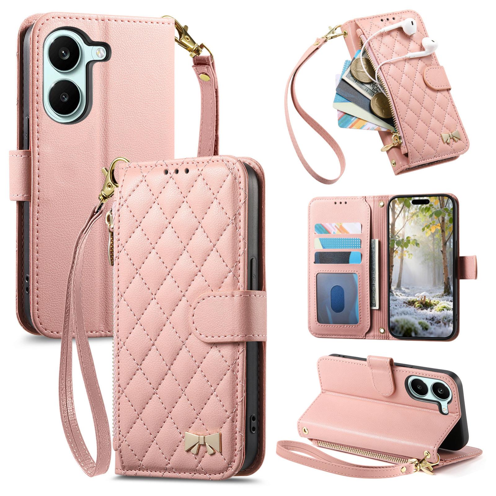 For Honor Play 80 Plus 5G Rhombic Texture Zipper Wallet Metal Bow-knot Vegan Leather Phone Case with Strap(Pink) - Shopkiz.com