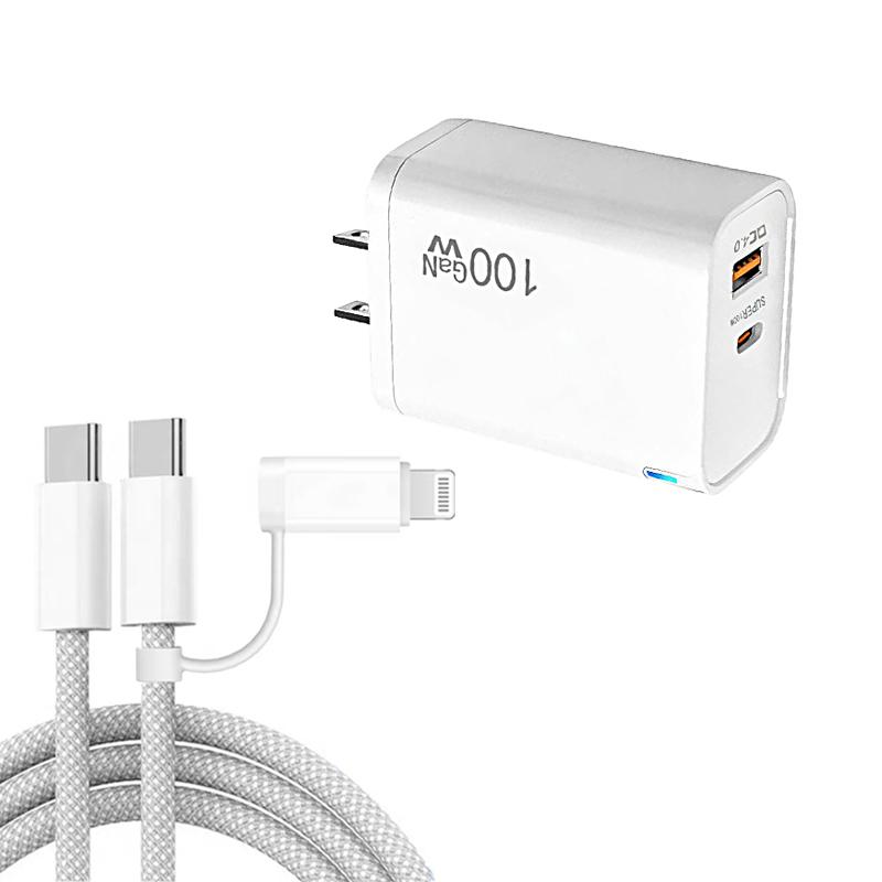 PD47 100W GaN PD Type-C + QC3.0 USB Charger with Type-C to Type-C / 8-Pin Data Cable, US Plug(White) - Shopkiz.com